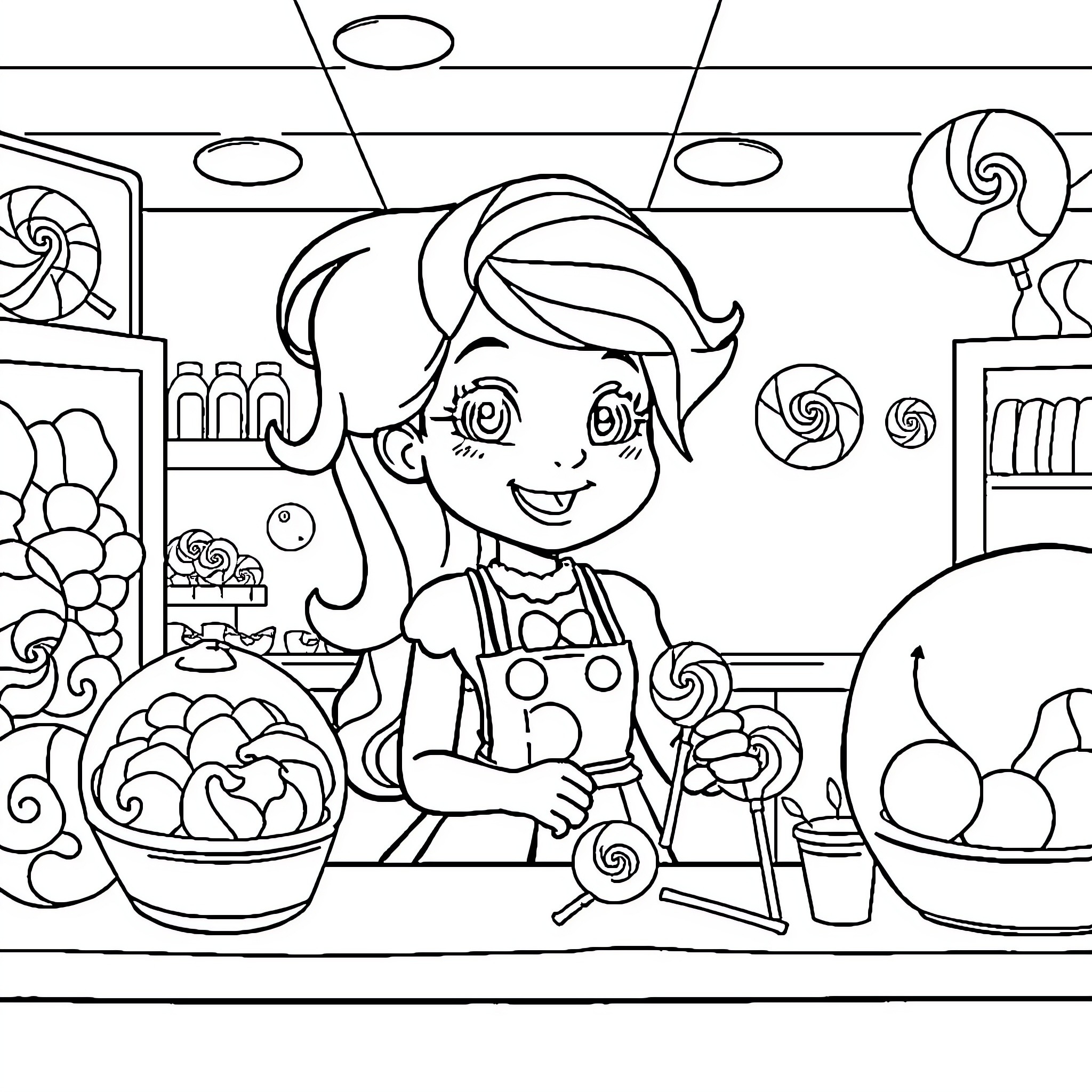 Girl Baking Treats in Her Kitchen Coloring Page (free black-and-white line drawing printable PDF for all, from beginners to advanced learners, including children, teens, adults, and seniors)