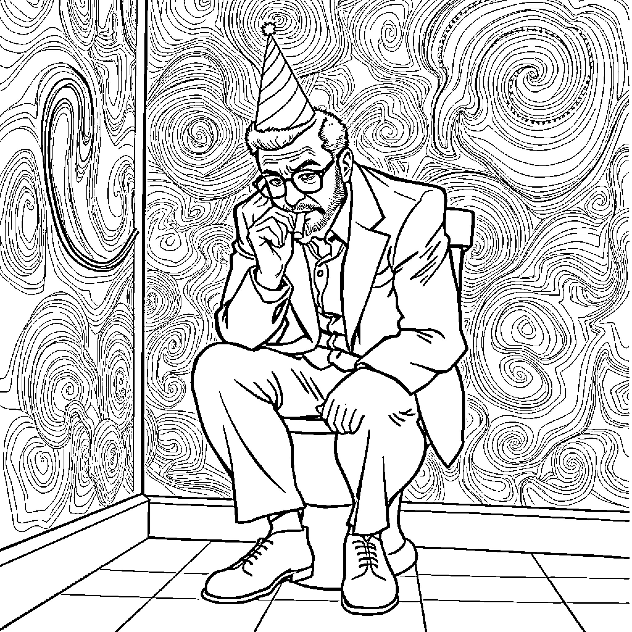 Man in formal attire contemplating with party hat Coloring Page (free black-and-white line drawing printable PDF for all, from beginners to advanced learners, including children, teens, adults, and seniors)