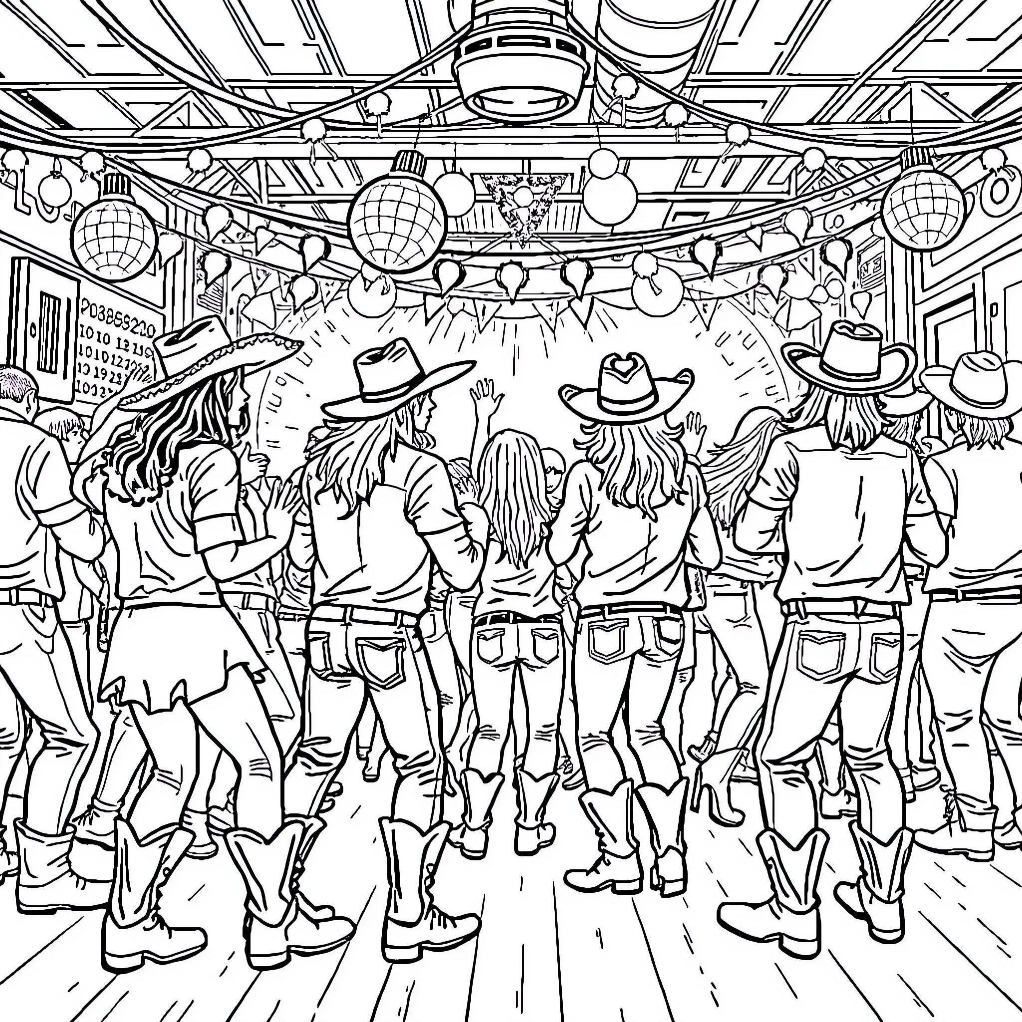 Cowboy festival with lively crowd and decorations Coloring Page (free black-and-white line drawing printable PDF for all, from beginners to advanced learners, including children, teens, adults, and seniors)