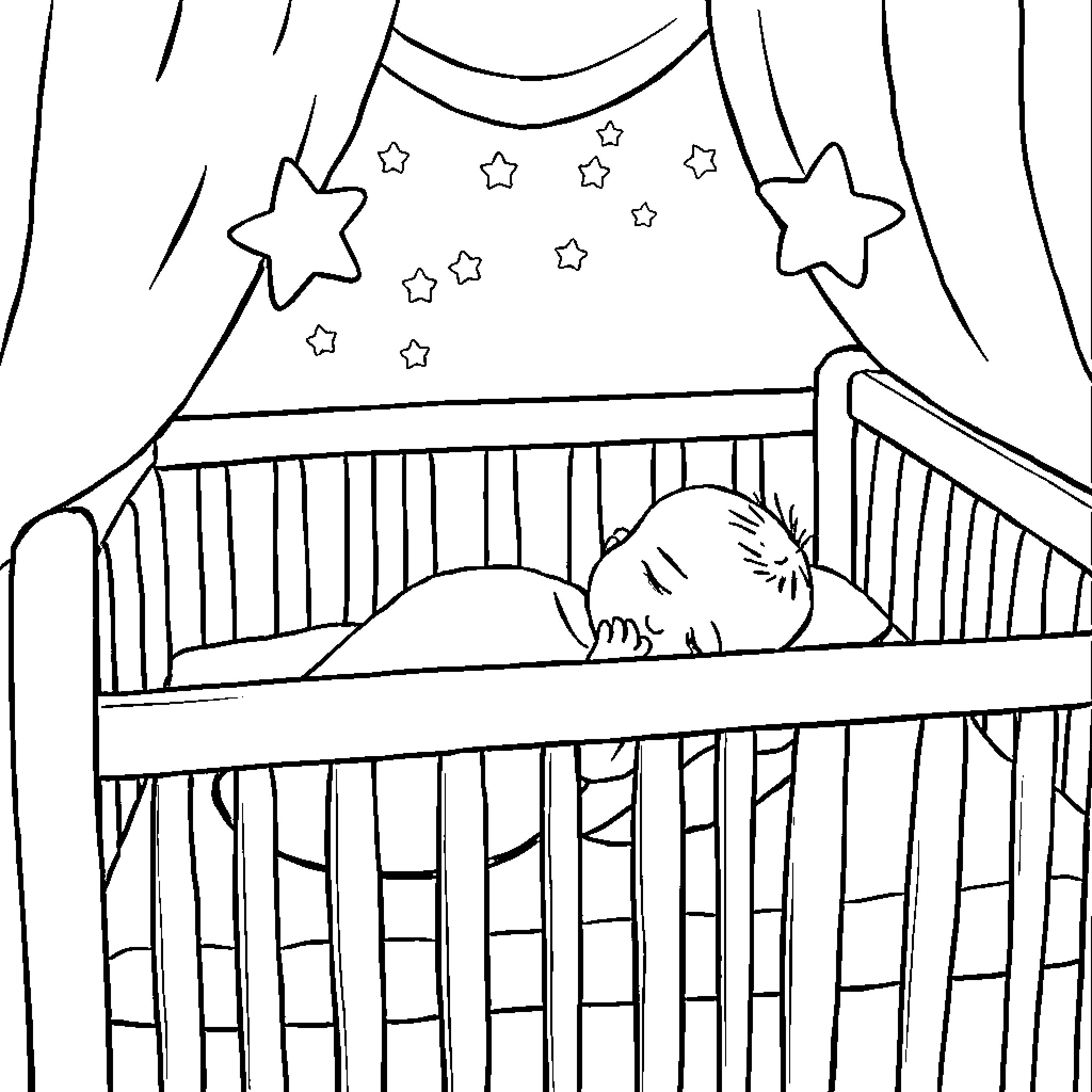 Baby sleeping peacefully in crib under starry night Coloring Page (free black-and-white line drawing printable PDF for all, from beginners to advanced learners, including children, teens, adults, and seniors)