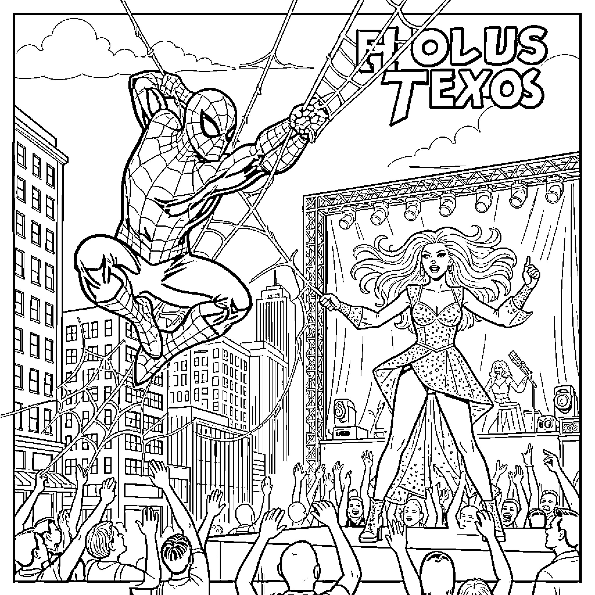 Spiderman swings above a concert with superhero heroine Coloring Page (free black-and-white line drawing printable PDF for all, from beginners to advanced learners, including children, teens, adults, and seniors)