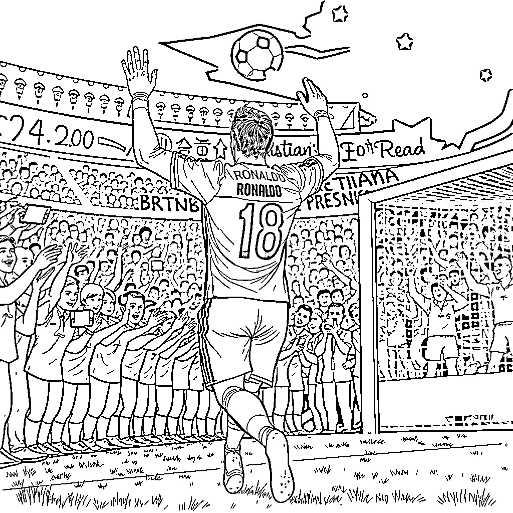 Cristiano Ronaldo Celebrates Football Victory with Fans Coloring Page (free black-and-white line drawing printable PDF for all, from beginners to advanced learners, including children, teens, adults, and seniors)