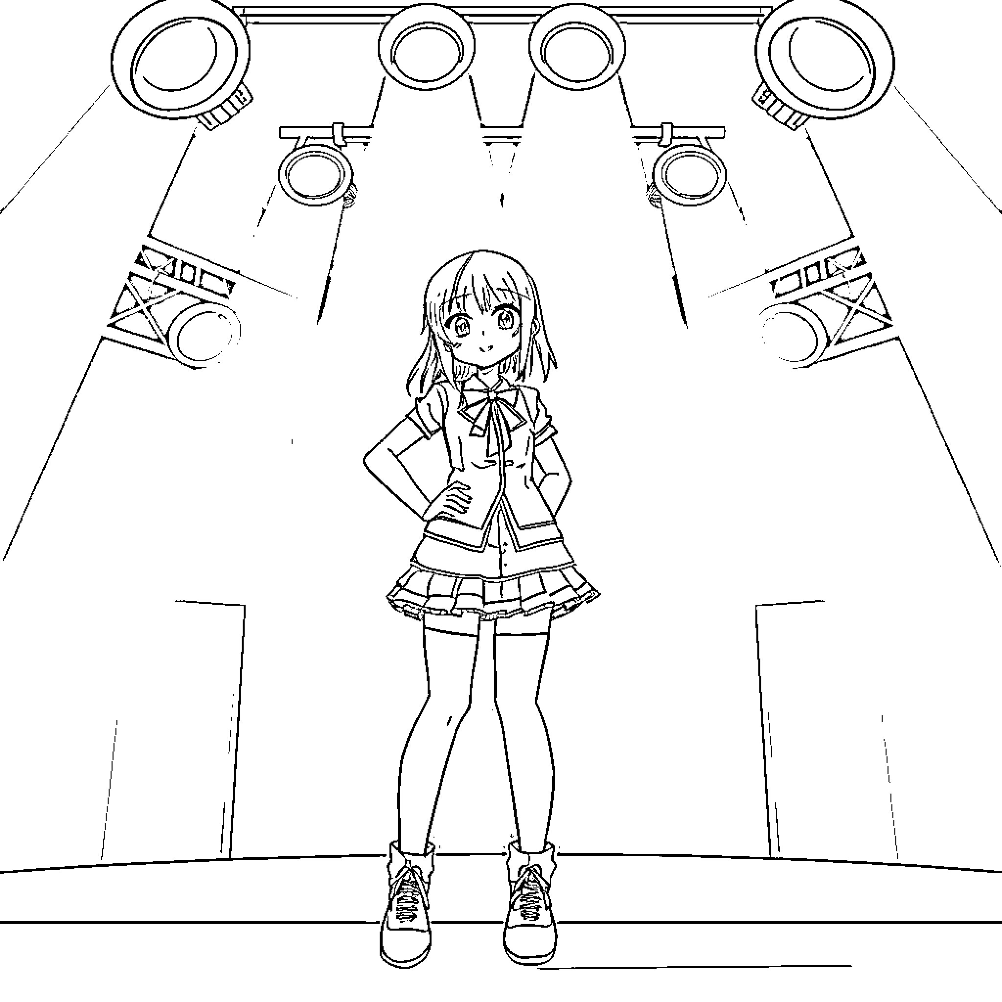 Rui Kamishiro performing on stage with theatrical lighting Coloring Page (free black-and-white line drawing printable PDF for all, from beginners to advanced learners, including children, teens, adults, and seniors)