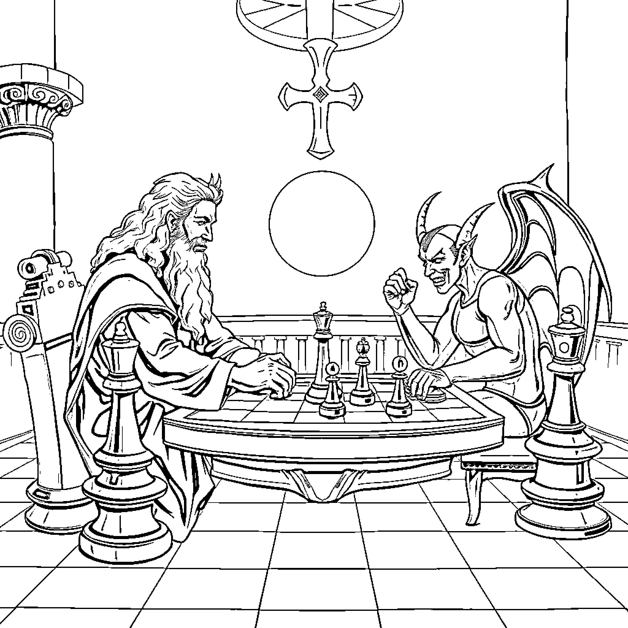 God and the Devil Playing Chess in the Otherworldly Realm Coloring Page (free black-and-white line drawing printable PDF for all, from beginners to advanced learners, including children, teens, adults, and seniors)