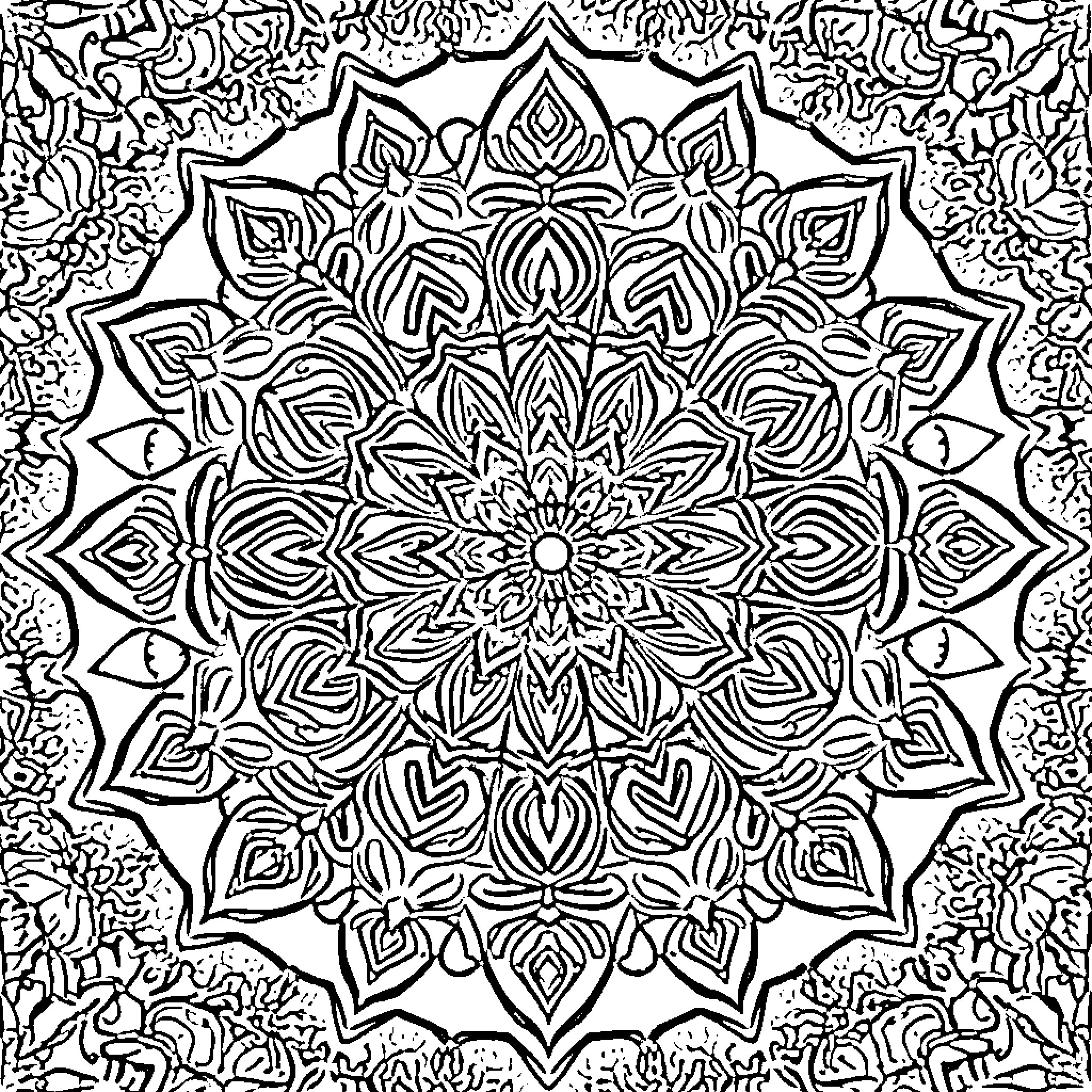 Mandala of Intricate Floral Patterns Coloring Page (free black-and-white line drawing printable PDF for all, from beginners to advanced learners, including children, teens, adults, and seniors)