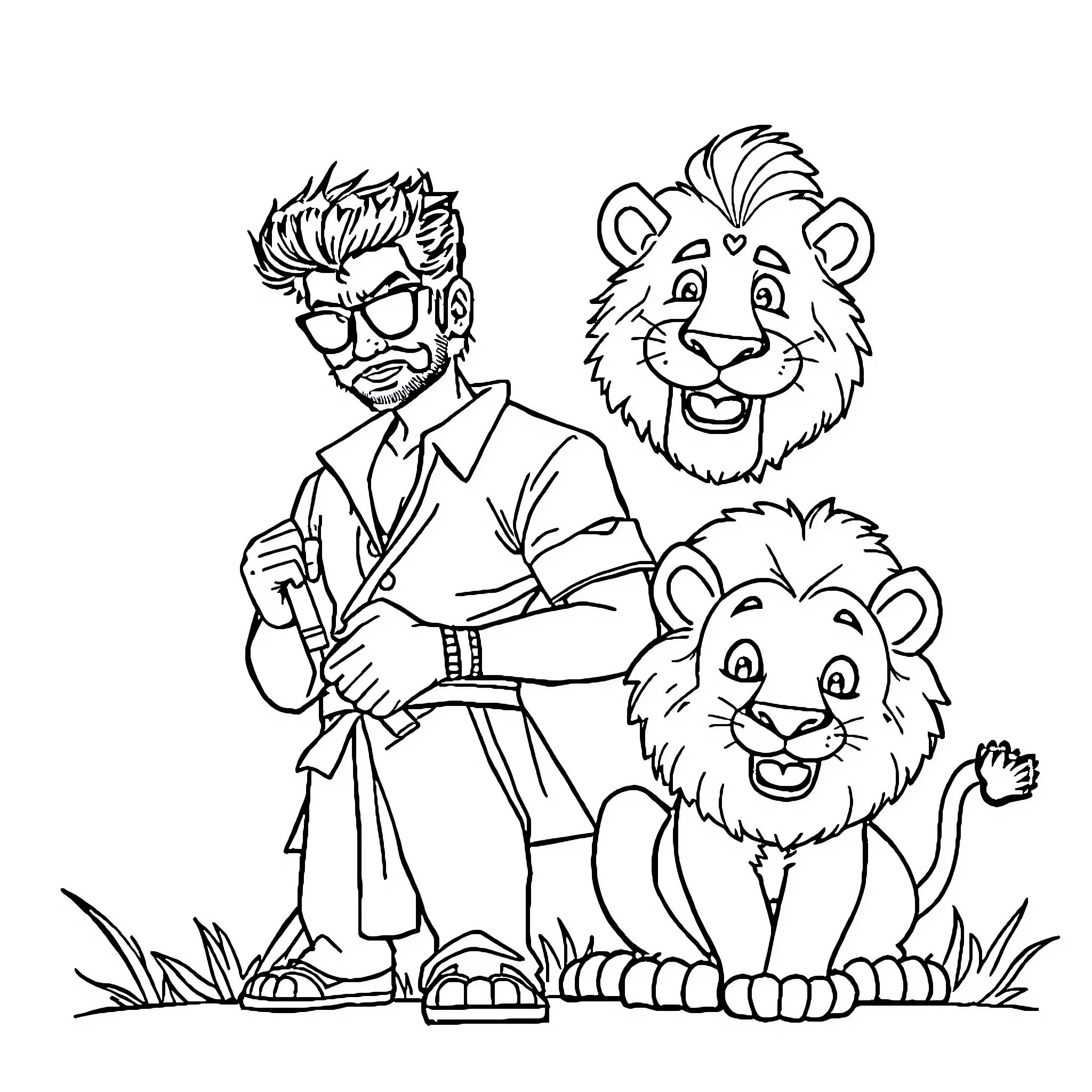 Vijay and his playful lions in the wilderness Coloring Page (free black-and-white line drawing printable PDF for all, from beginners to advanced learners, including children, teens, adults, and seniors)