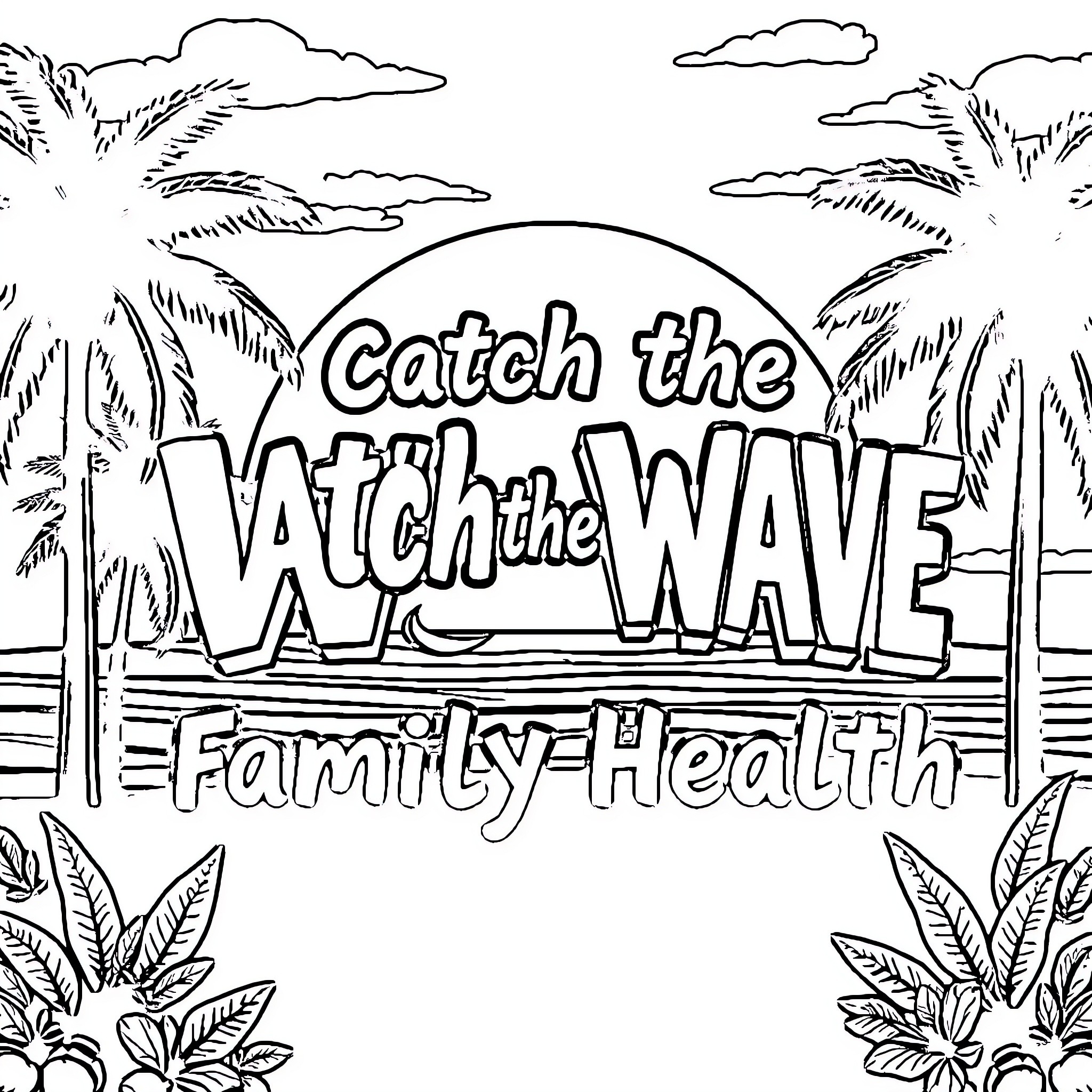 Catch the Wave: Family Health Coloring Page (free black-and-white line drawing printable PDF for all, from beginners to advanced learners, including children, teens, adults, and seniors)