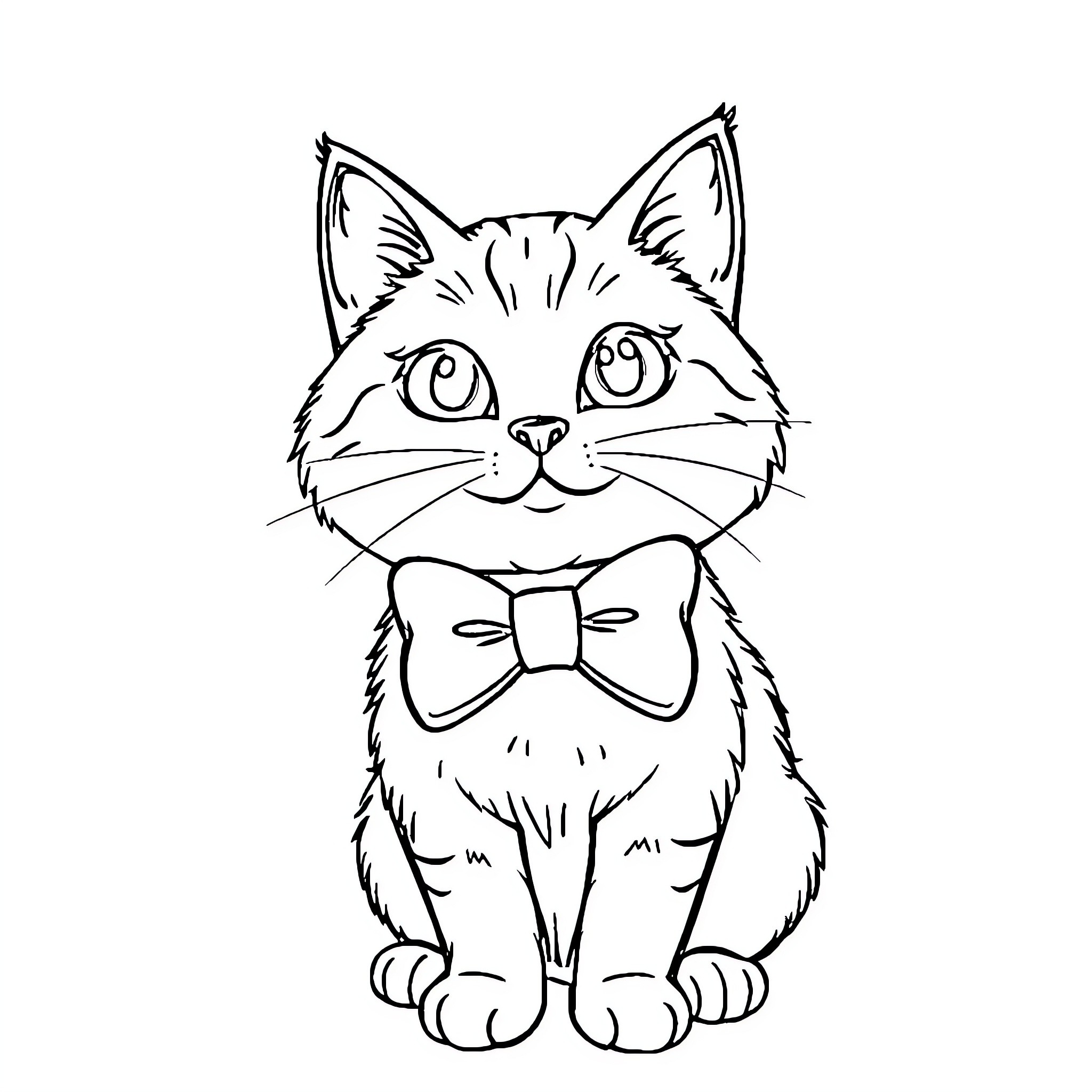 Cat with a Bow Tie Coloring Page (free black-and-white line drawing printable PDF for all, from beginners to advanced learners, including children, teens, adults, and seniors)