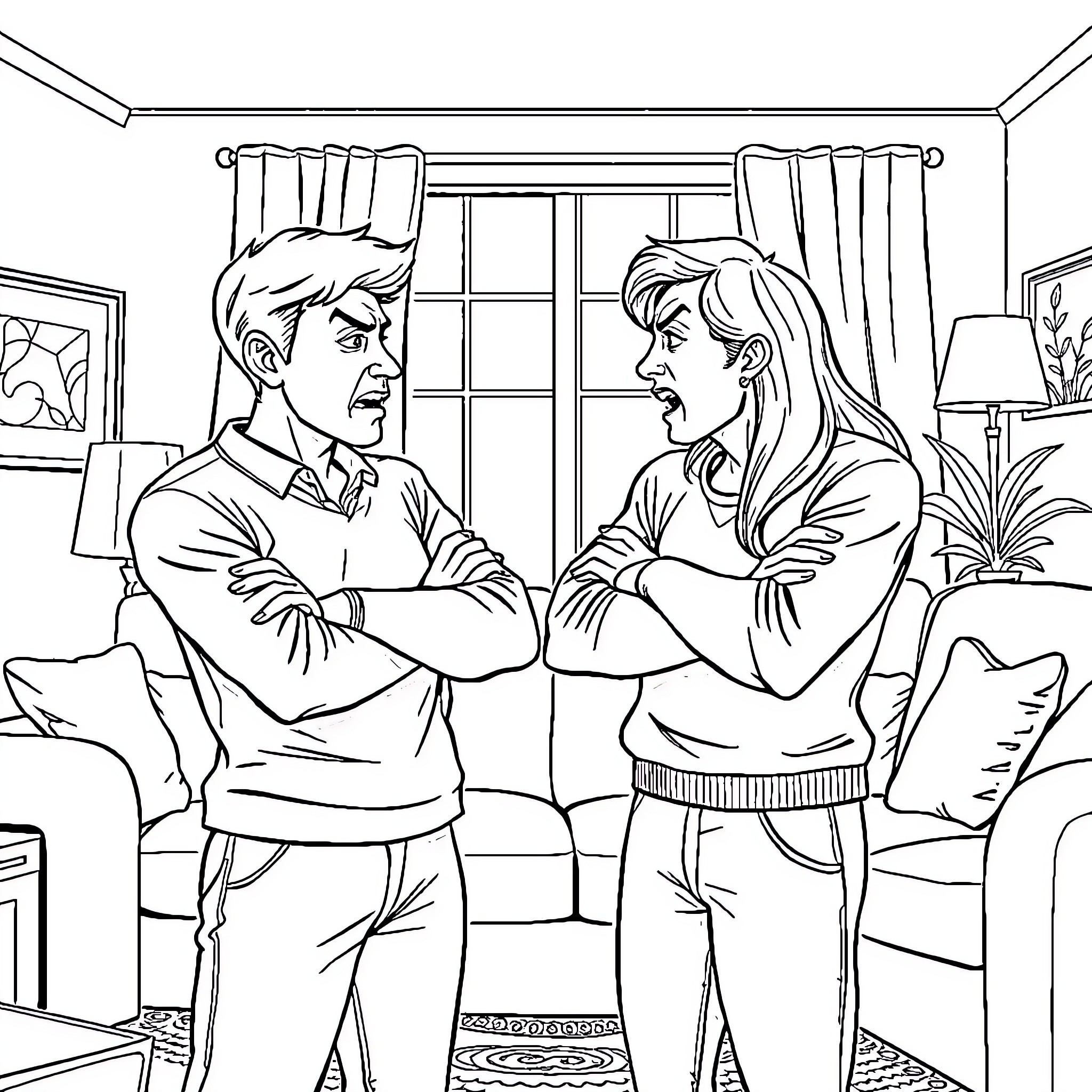 Couple having an argument in living room Coloring Page (free black-and-white line drawing printable PDF for all, from beginners to advanced learners, including children, teens, adults, and seniors)