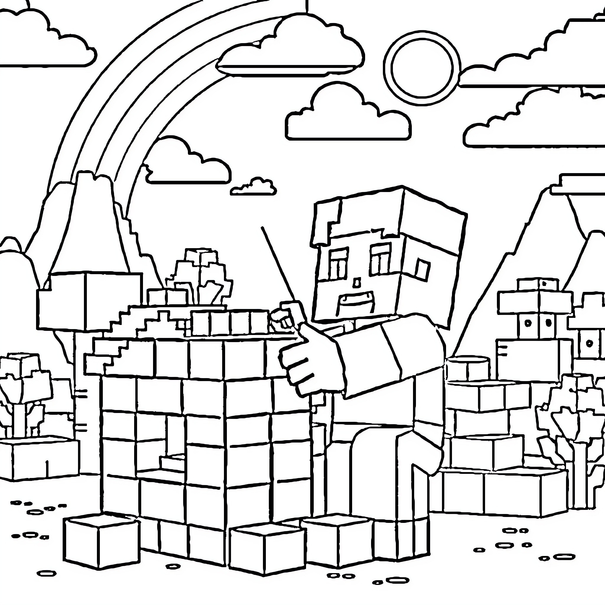 Steve's Minecraft Adventure: Crafting in the Blocky Landscape Coloring Page (free black-and-white line drawing printable PDF for all, from beginners to advanced learners, including children, teens, adults, and seniors)