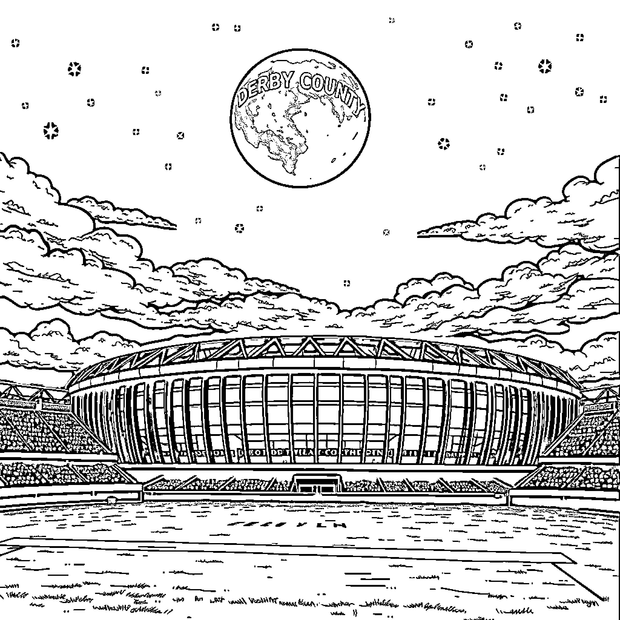 Stadium overlooking a night sky with clouds Coloring Page (free black-and-white line drawing printable PDF for all, from beginners to advanced learners, including children, teens, adults, and seniors)