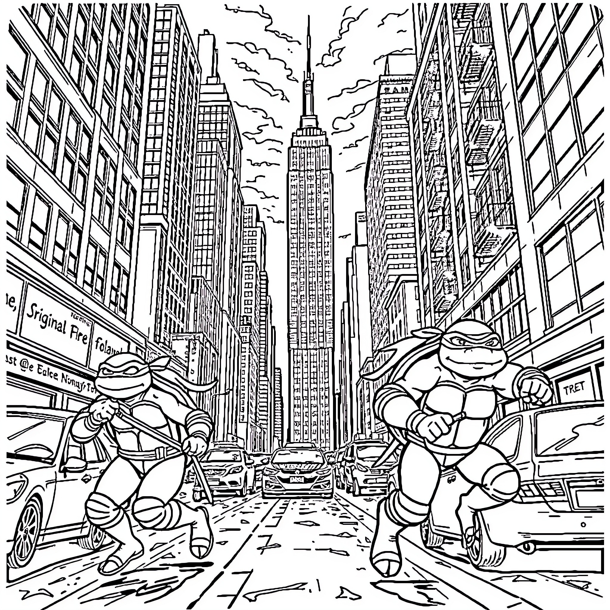 Teenage Mutant Ninja Turtles explore the busy city streets Coloring Page (free black-and-white line drawing printable PDF for all, from beginners to advanced learners, including children, teens, adults, and seniors)