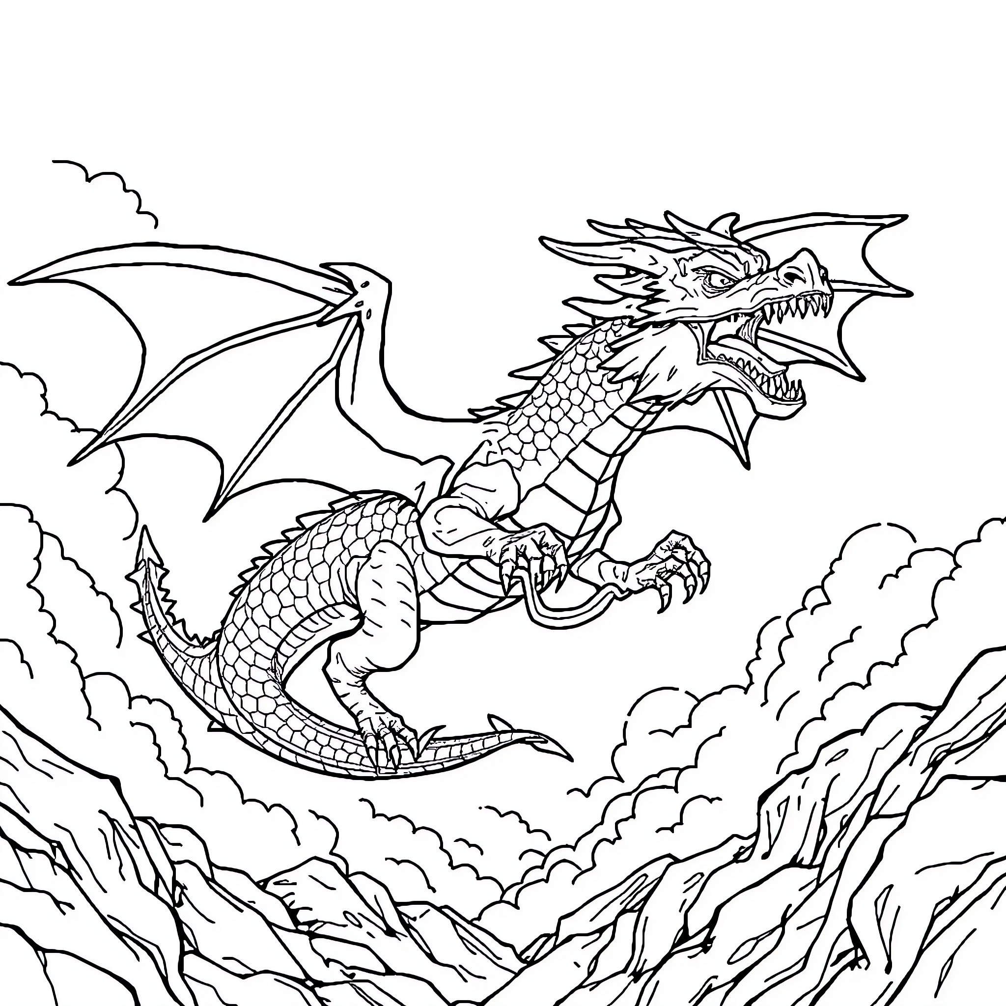 Dragon soaring through the clouds above rugged mountains Coloring Page (free black-and-white line drawing printable PDF for all, from beginners to advanced learners, including children, teens, adults, and seniors)
