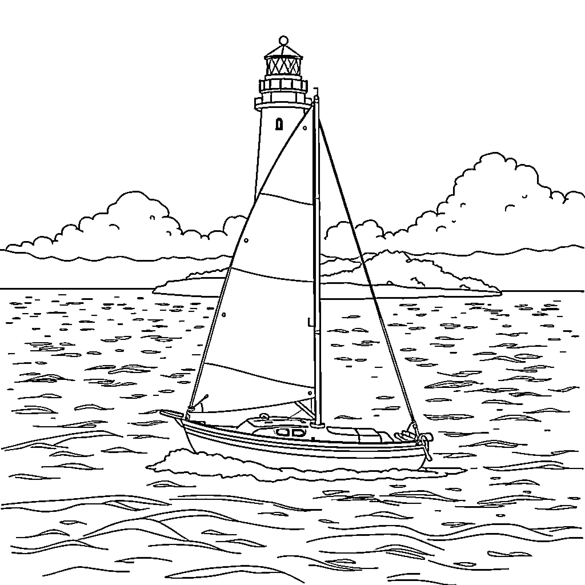 Sailboat sailing near a lighthouse Coloring Page (free black-and-white line drawing printable PDF for all, from beginners to advanced learners, including children, teens, adults, and seniors)