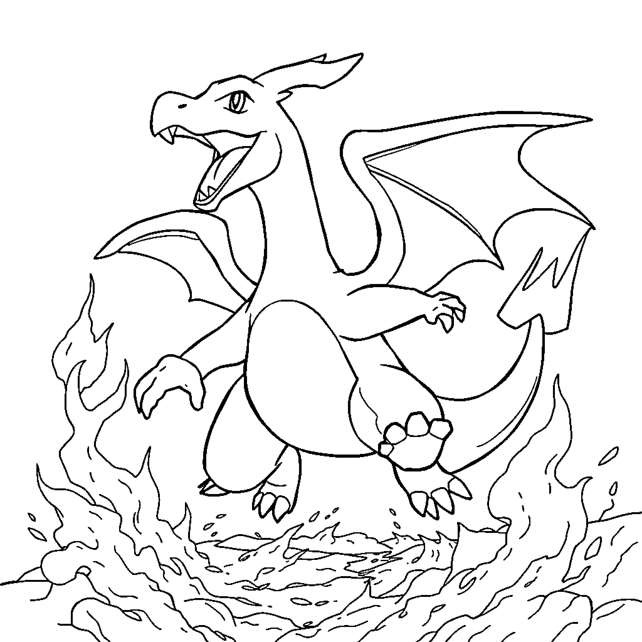Pokémon dragon breathing fire Coloring Page (free black-and-white line drawing printable PDF for all, from beginners to advanced learners, including children, teens, adults, and seniors)