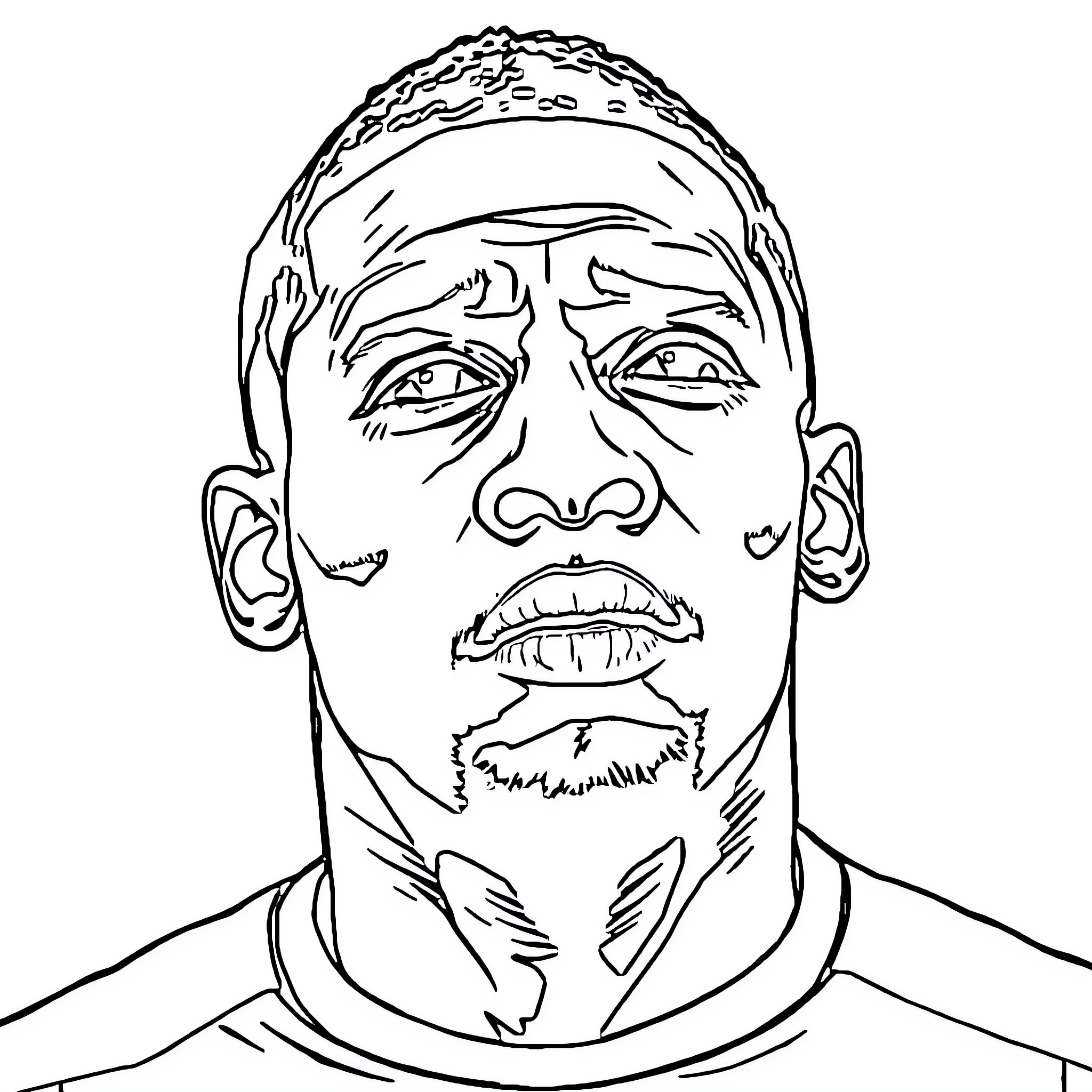 Kylian Mbappe intense expression and focused gaze Coloring Page (free black-and-white line drawing printable PDF for all, from beginners to advanced learners, including children, teens, adults, and seniors)