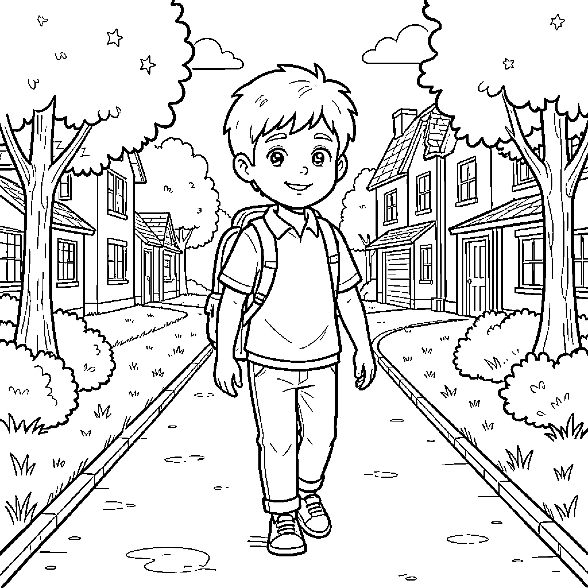 Boy exploring the neighborhood street Coloring Page (free black-and-white line drawing printable PDF for all, from beginners to advanced learners, including children, teens, adults, and seniors)