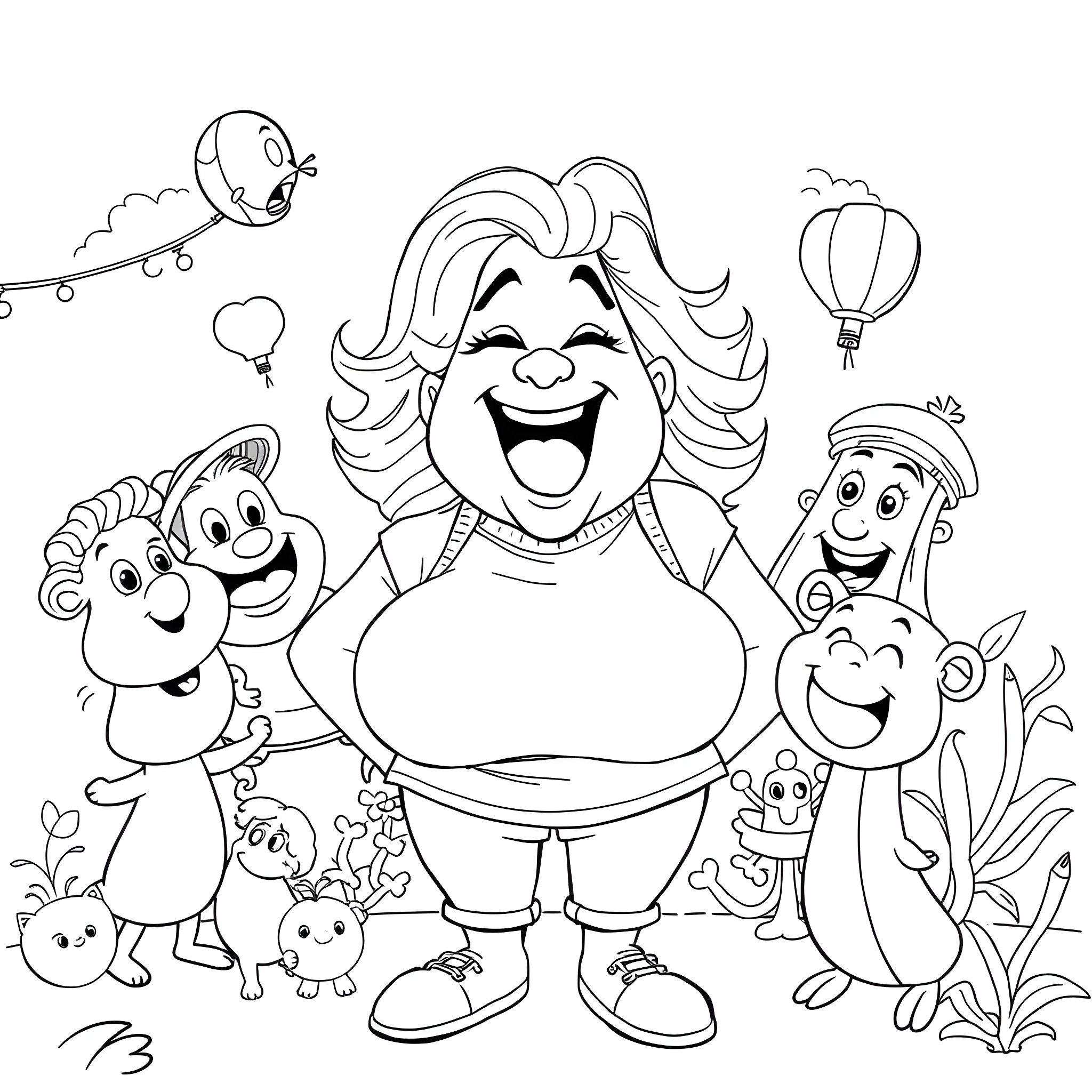 Woman surrounded by happy cartoon characters in nature Coloring Page (free black-and-white line drawing printable PDF for all, from beginners to advanced learners, including children, teens, adults, and seniors)