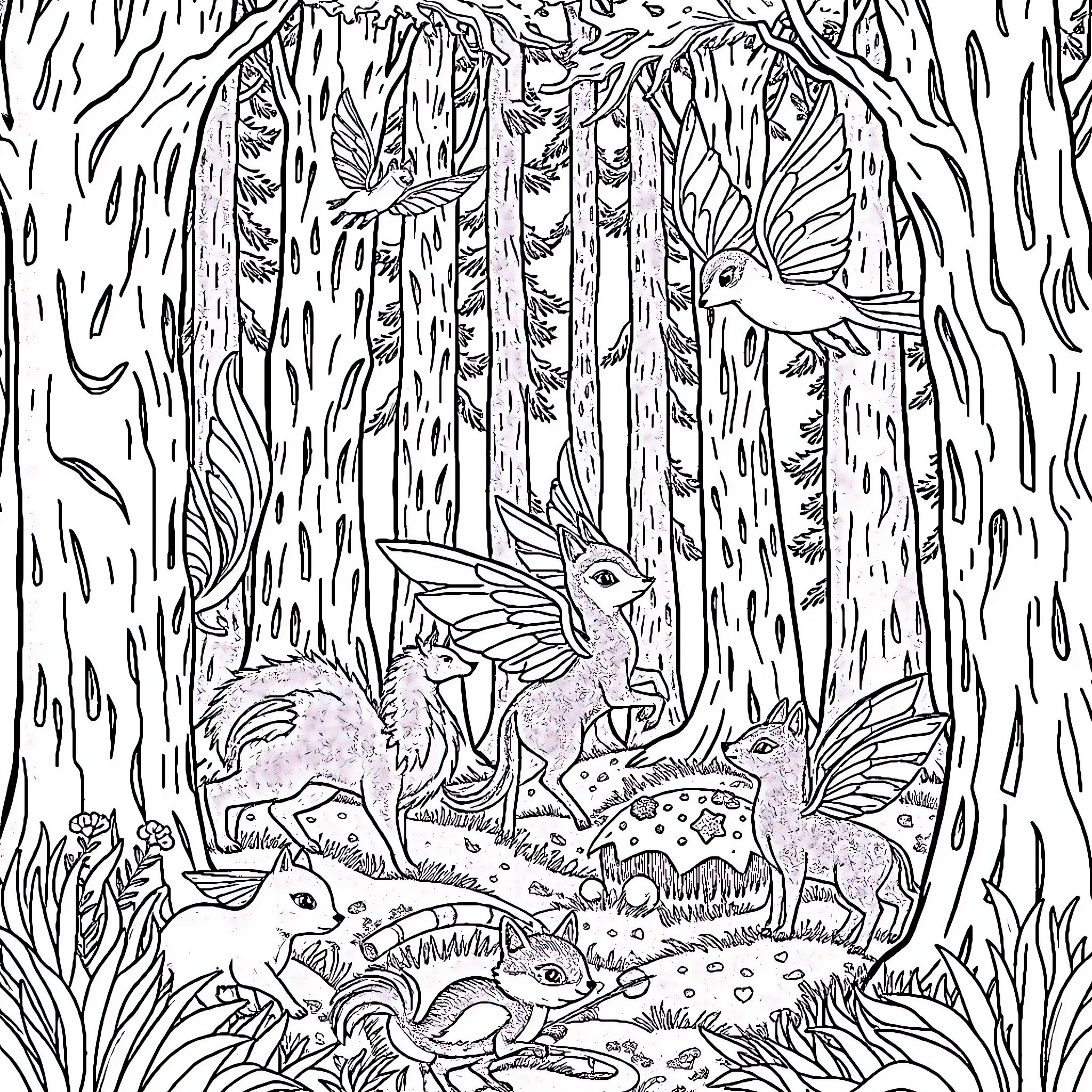 Animal fantastical creatures in enchanted forest Coloring Page (free black-and-white line drawing printable PDF for all, from beginners to advanced learners, including children, teens, adults, and seniors)