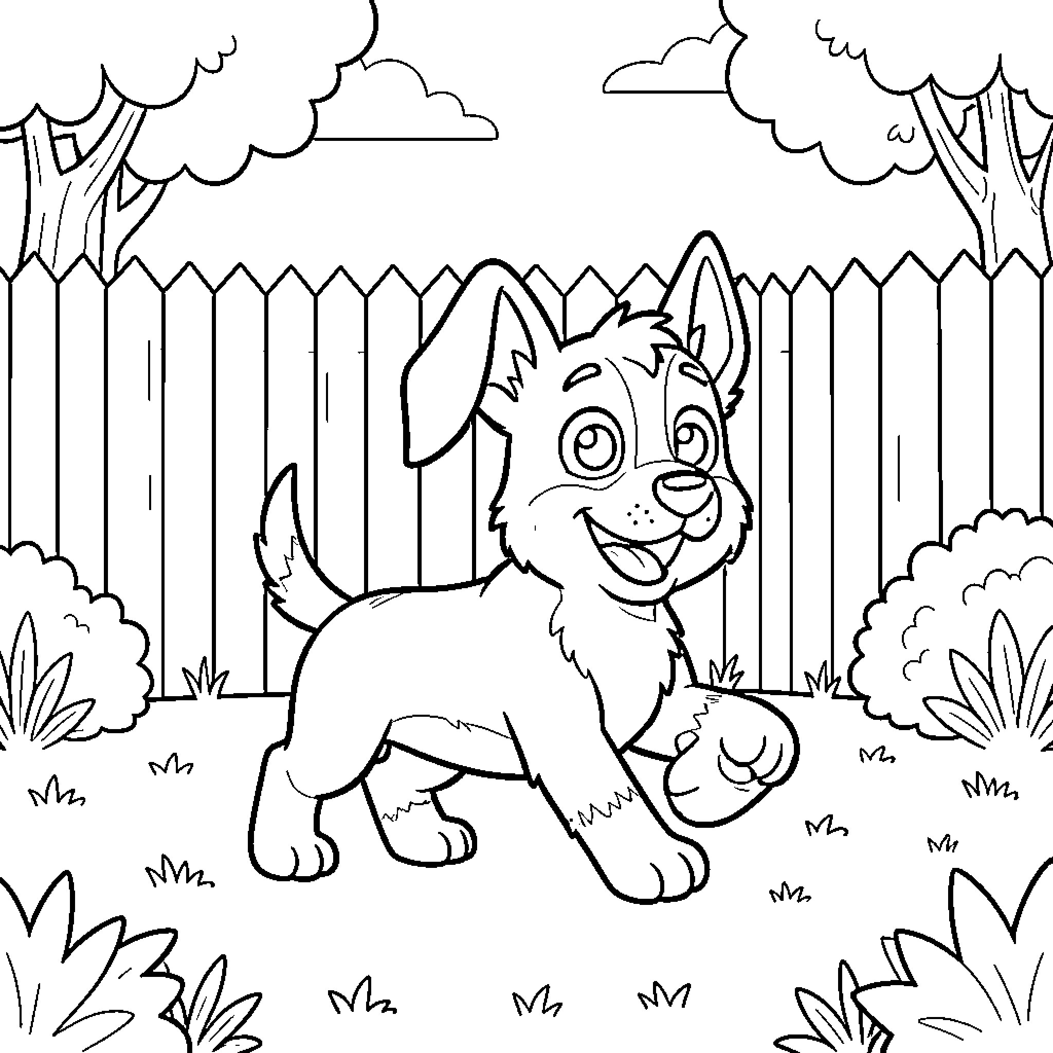 Bluey playing happily in the backyard Coloring Page (free black-and-white line drawing printable PDF for all, from beginners to advanced learners, including children, teens, adults, and seniors)