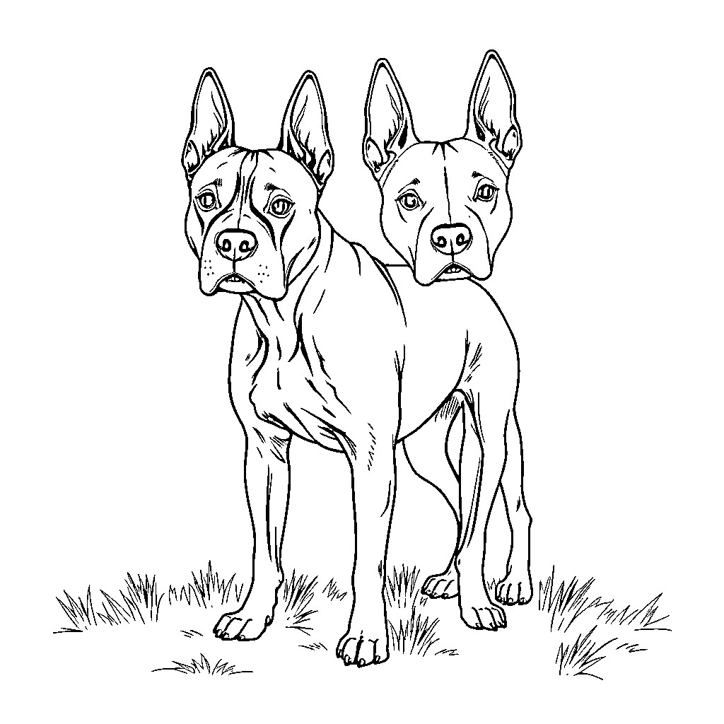 American Staff Dogs Standing in the Grass Coloring Page (free black-and-white line drawing printable PDF for all, from beginners to advanced learners, including children, teens, adults, and seniors)