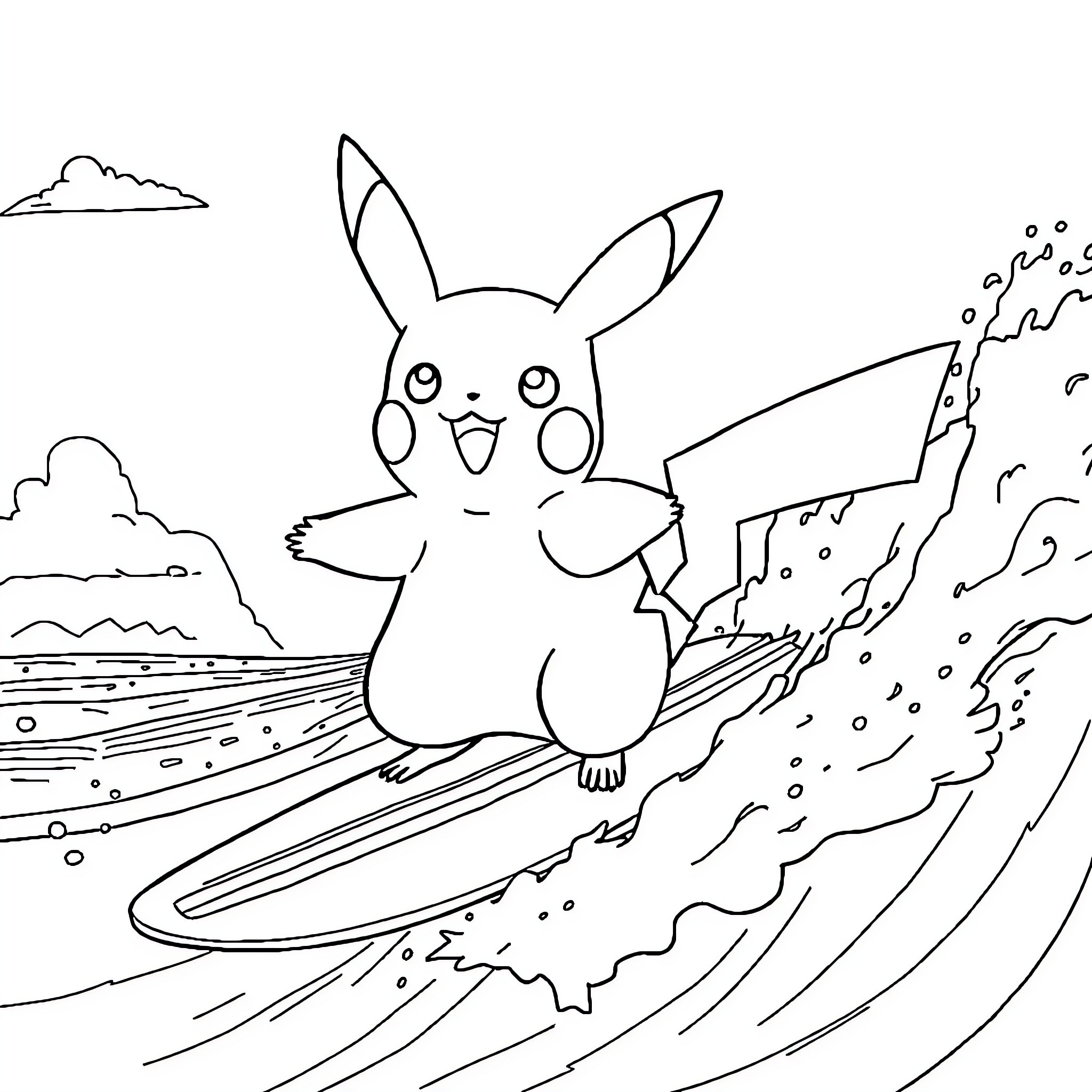 Pikachu surfing through the waves Coloring Page (free black-and-white line drawing printable PDF for all, from beginners to advanced learners, including children, teens, adults, and seniors)