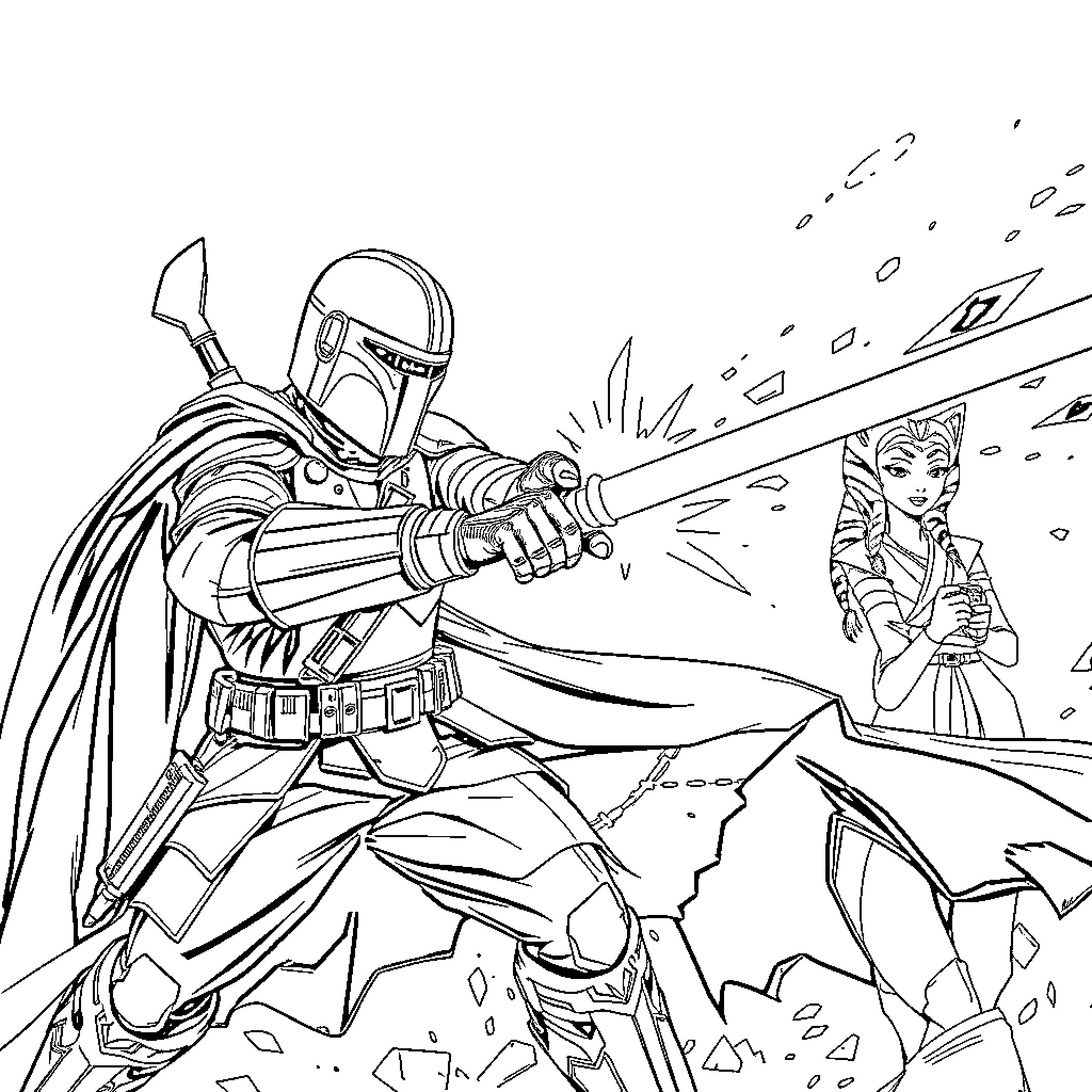Mandalorian warrior in fierce combat Coloring Page (free black-and-white line drawing printable PDF for all, from beginners to advanced learners, including children, teens, adults, and seniors)