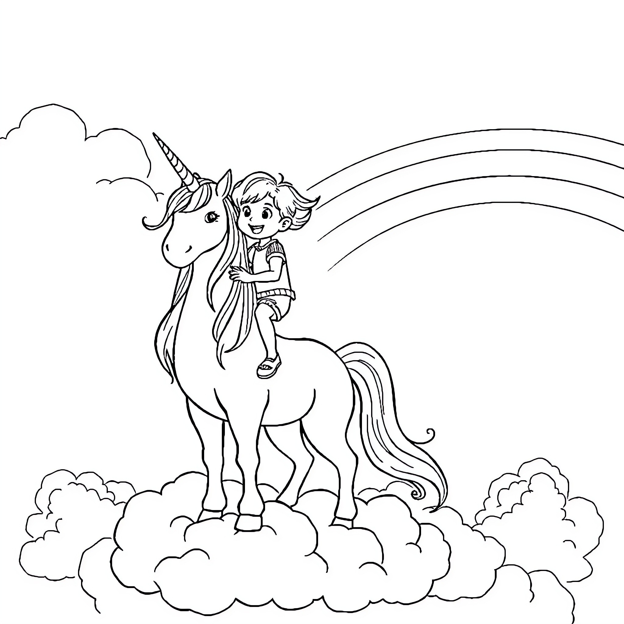 Unicorn and girl flying through the clouds Coloring Page (free black-and-white line drawing printable PDF for all, from beginners to advanced learners, including children, teens, adults, and seniors)