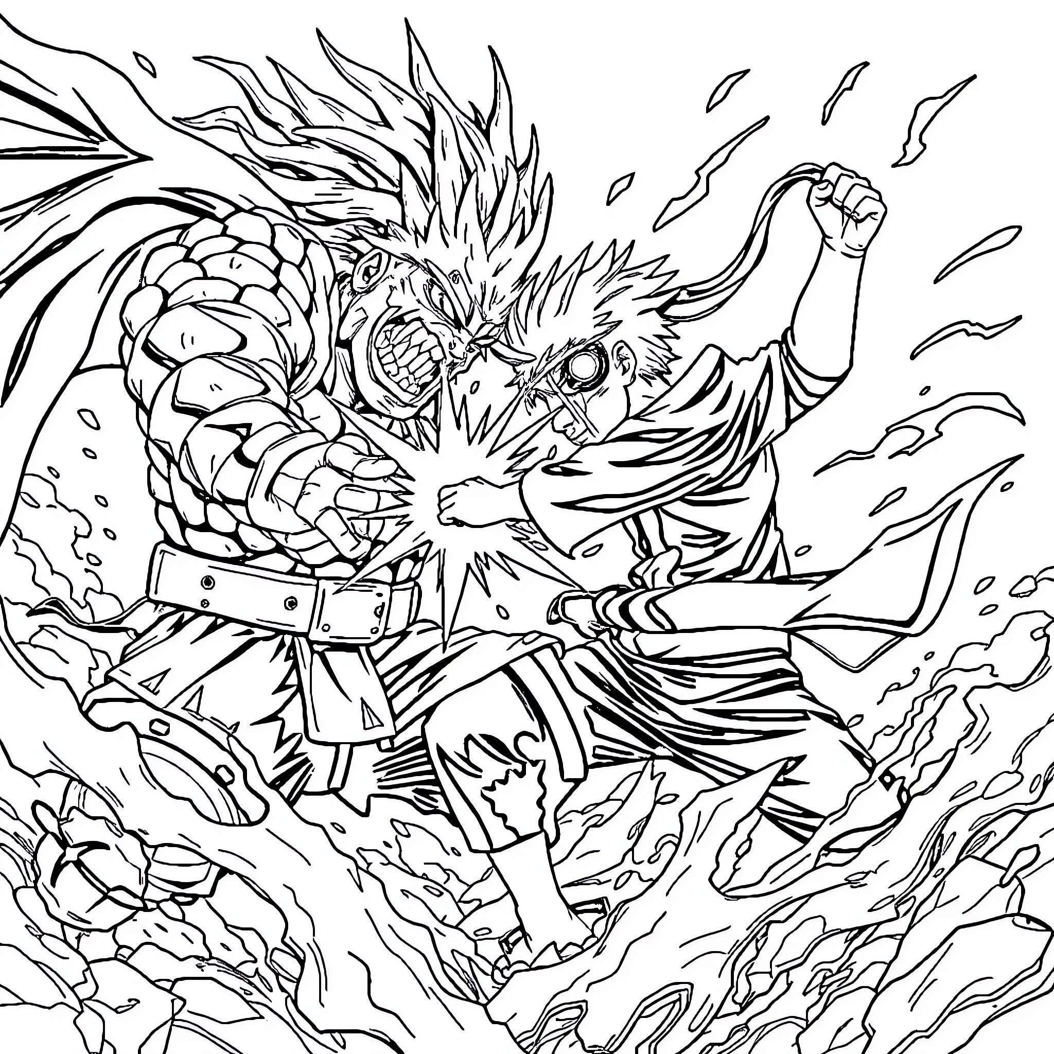 Naruto protagonist unleashing powerful jutsu in epic battle Coloring Page (free black-and-white line drawing printable PDF for all, from beginners to advanced learners, including children, teens, adults, and seniors)