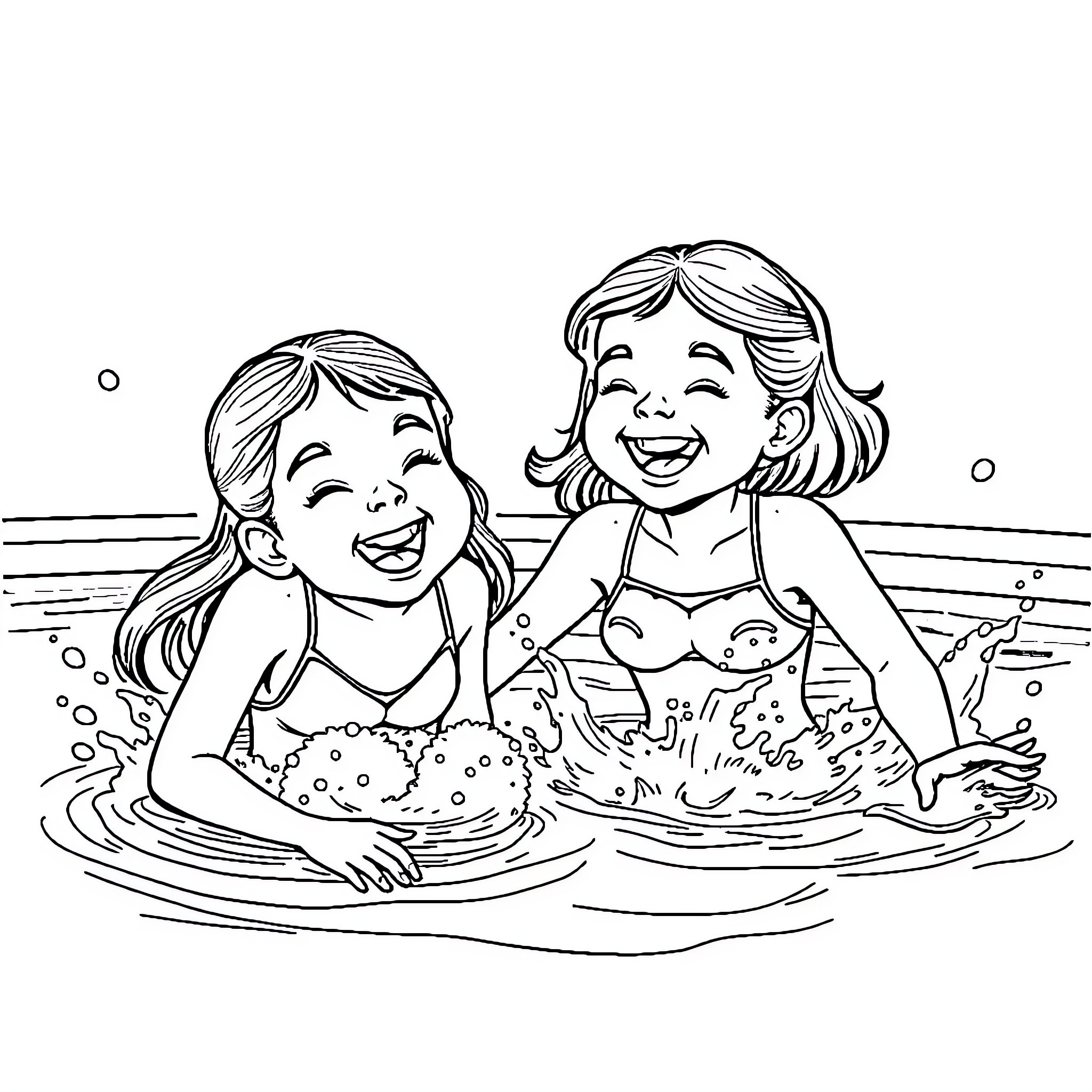 Girls playing happily in the water Coloring Page (free black-and-white line drawing printable PDF for all, from beginners to advanced learners, including children, teens, adults, and seniors)