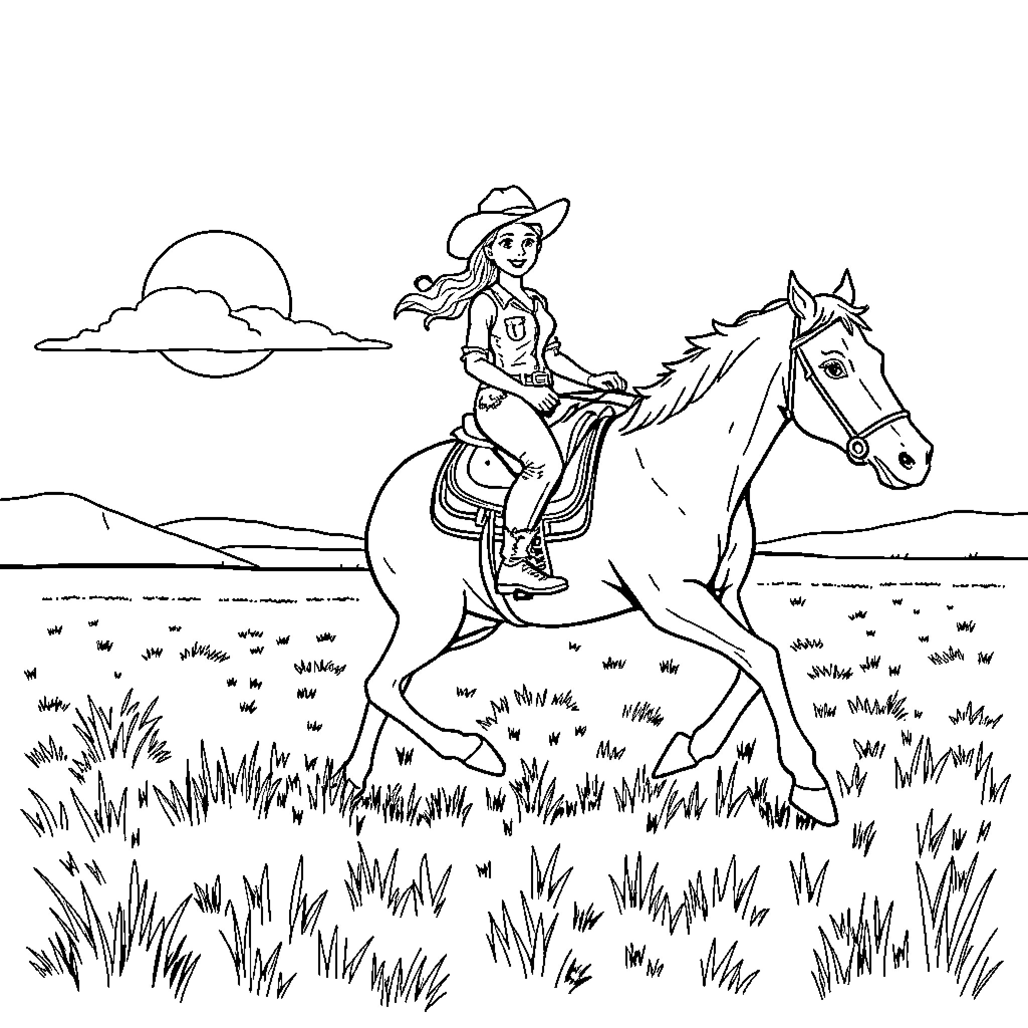 Cowgirl riding horse through scenic countryside Coloring Page (free black-and-white line drawing printable PDF for all, from beginners to advanced learners, including children, teens, adults, and seniors)