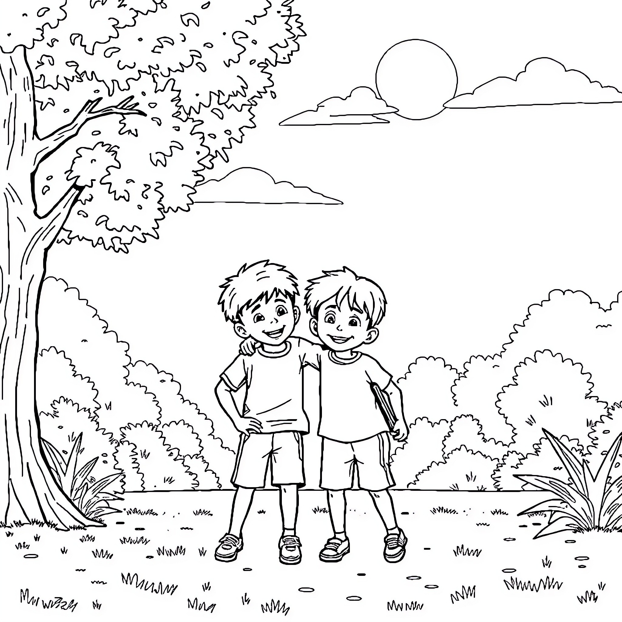 Boy friends exploring nature in the outdoors Coloring Page (free black-and-white line drawing printable PDF for all, from beginners to advanced learners, including children, teens, adults, and seniors)