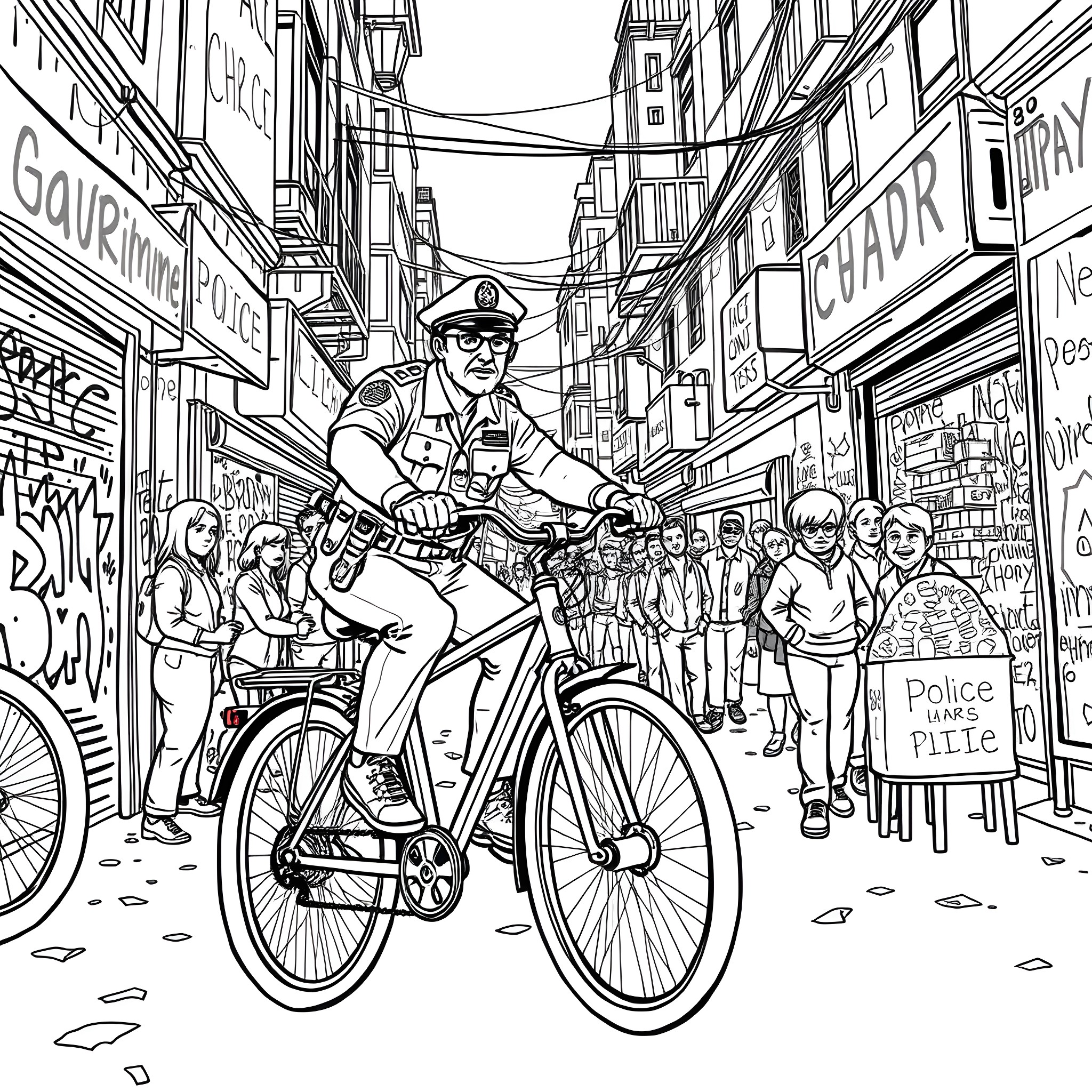 Police Officer Patrolling a Busy Urban Street Coloring Page (free black-and-white line drawing printable PDF for all, from beginners to advanced learners, including children, teens, adults, and seniors)