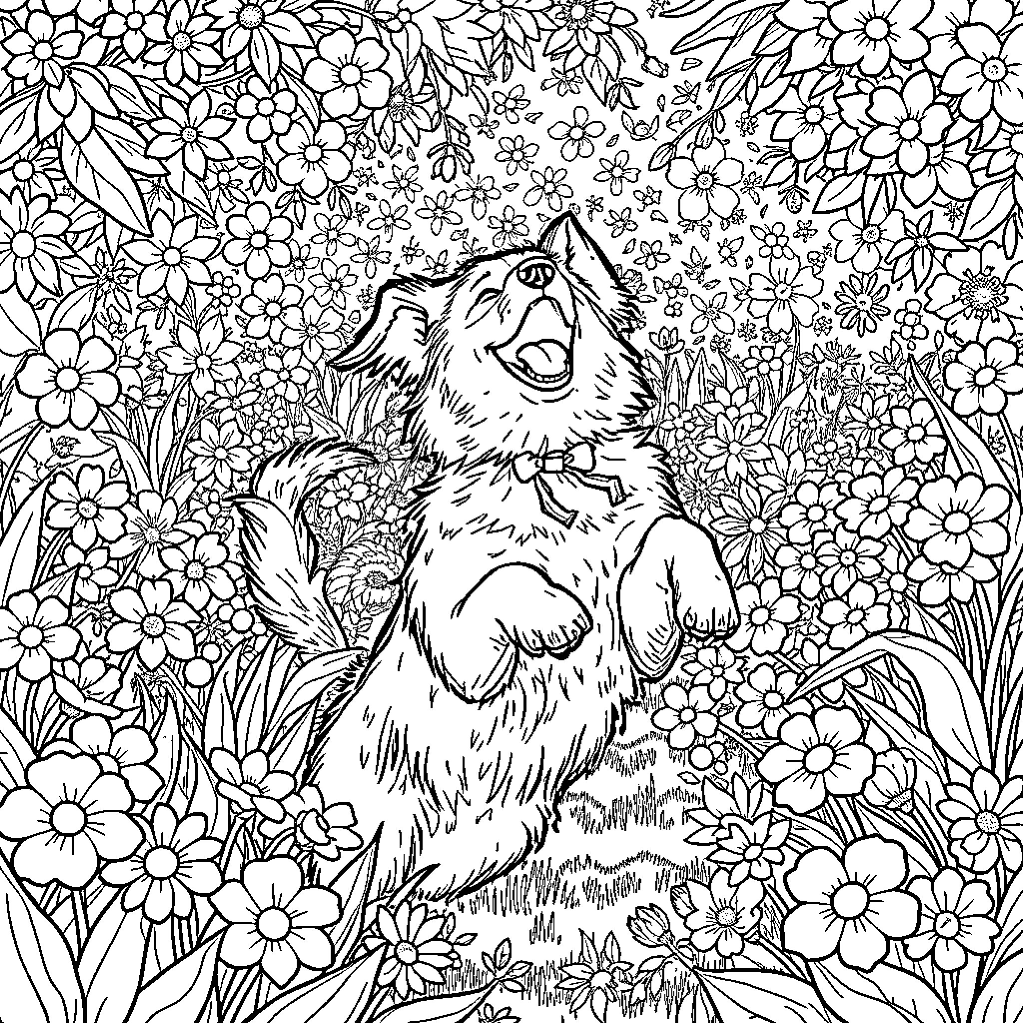 Dog enjoying a floral field Coloring Page (free black-and-white line drawing printable PDF for all, from beginners to advanced learners, including children, teens, adults, and seniors)