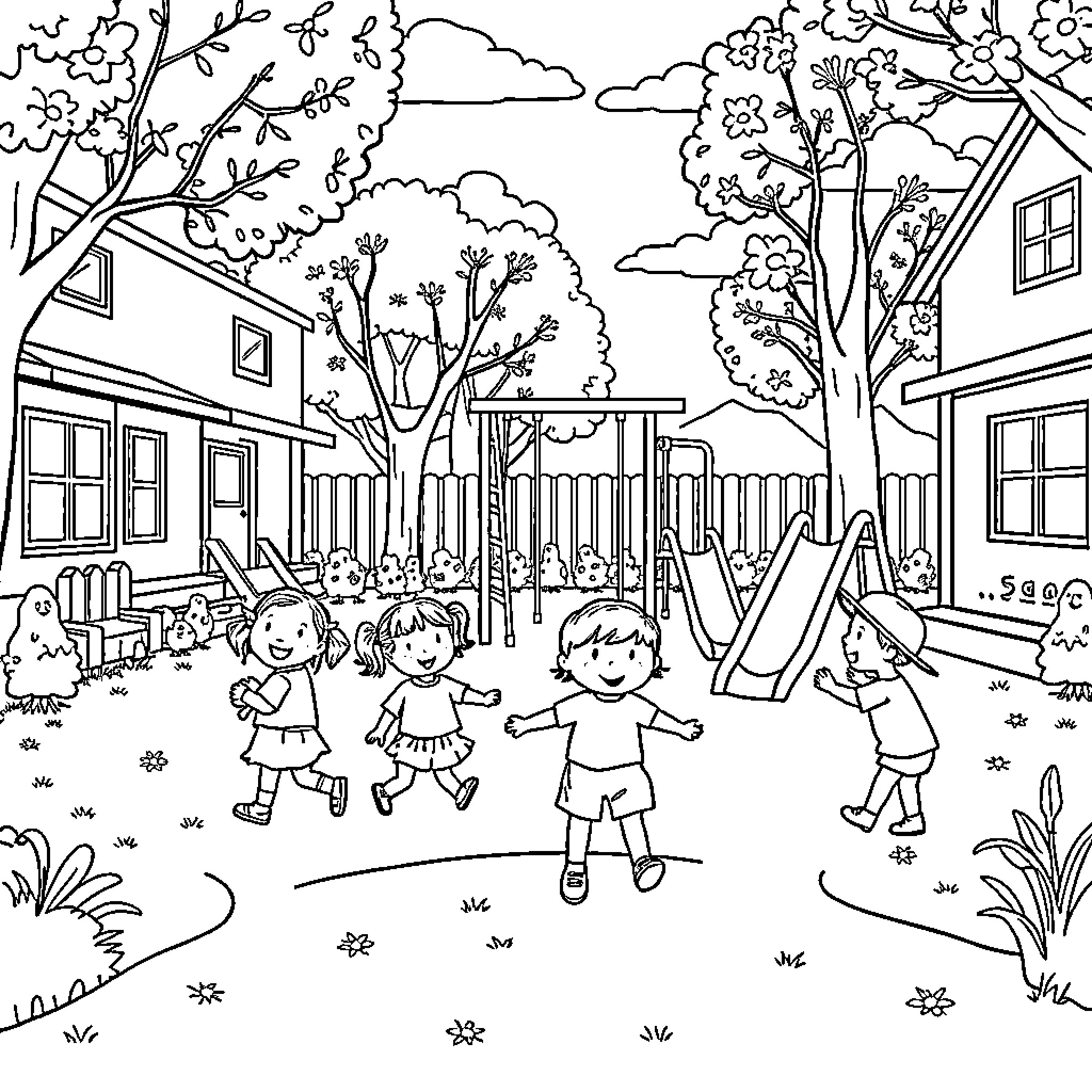 Child playing happily in the schoolyard Coloring Page (free black-and-white line drawing printable PDF for all, from beginners to advanced learners, including children, teens, adults, and seniors)