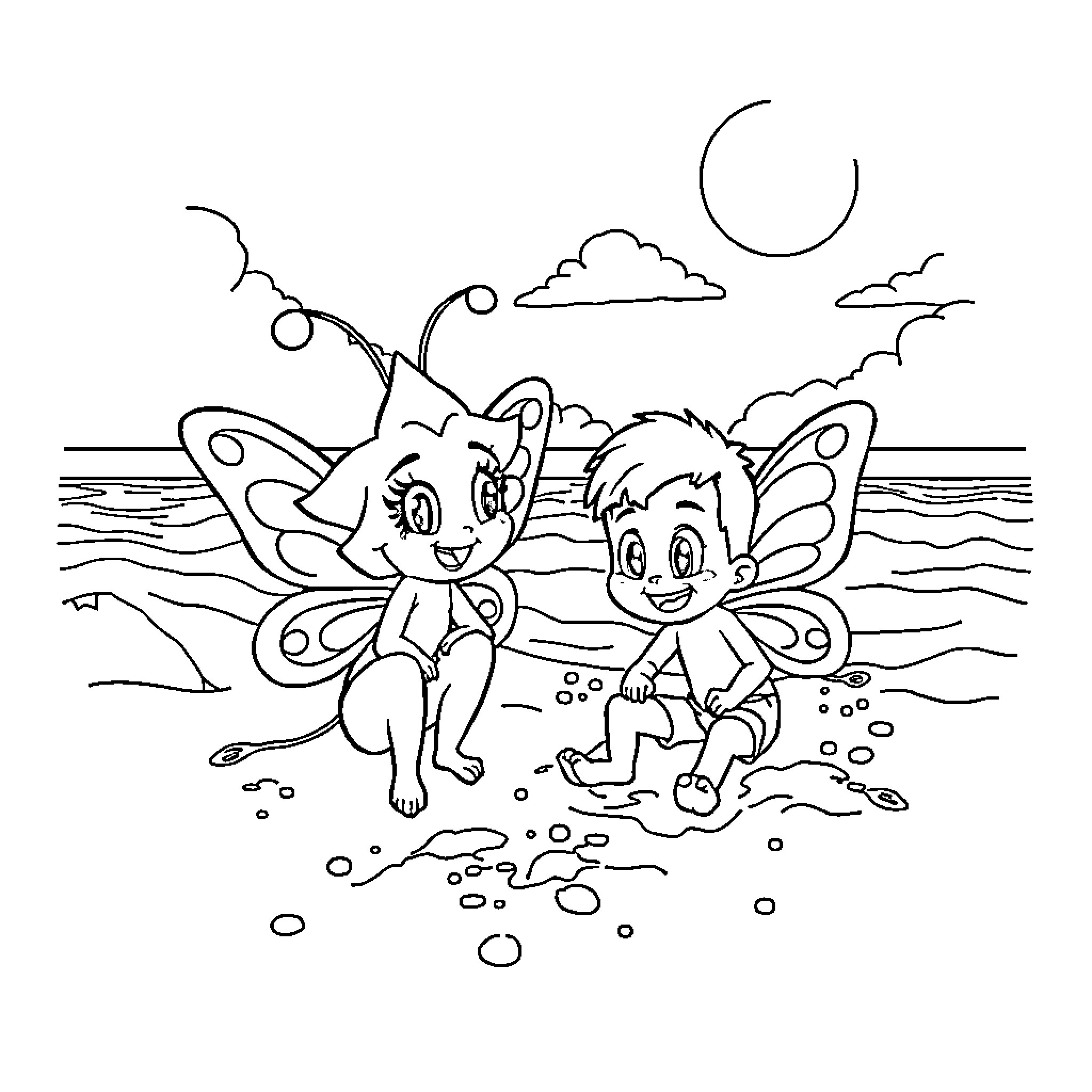 Star Butterfly and Fairy Friends at the Beach Coloring Page (free black-and-white line drawing printable PDF for all, from beginners to advanced learners, including children, teens, adults, and seniors)