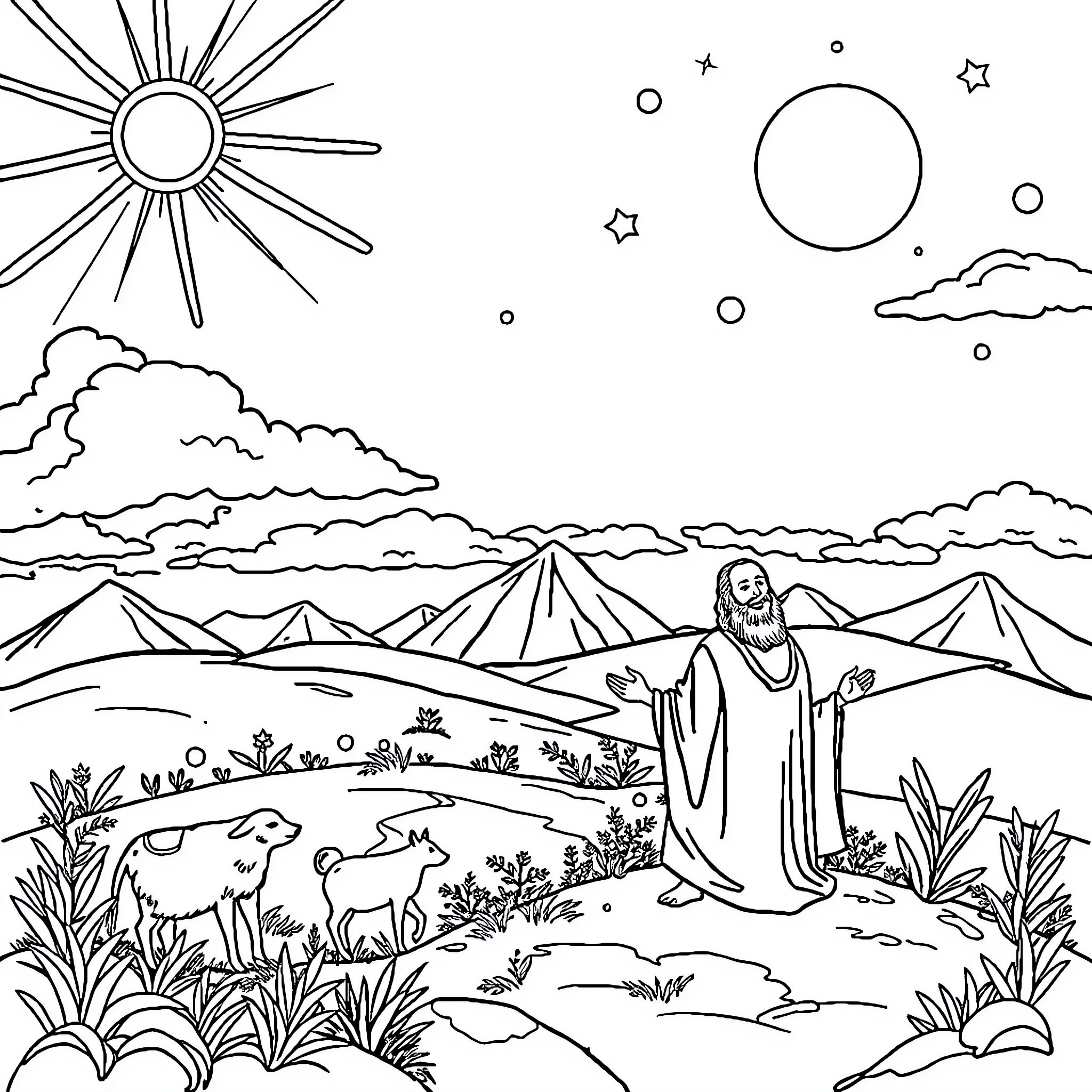 Creation of a Serene Landscape with Divine Presence Coloring Page (free black-and-white line drawing printable PDF for all, from beginners to advanced learners, including children, teens, adults, and seniors)