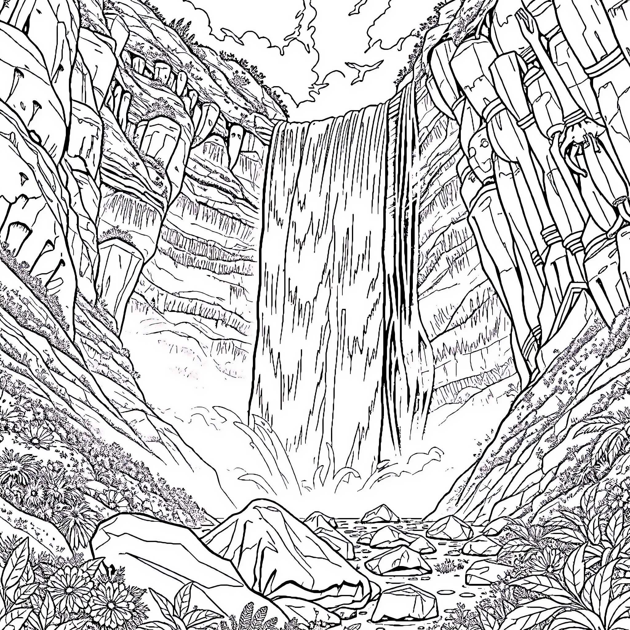 Victoria Waterfall in a Lush Landscape Coloring Page (free black-and-white line drawing printable PDF for all, from beginners to advanced learners, including children, teens, adults, and seniors)