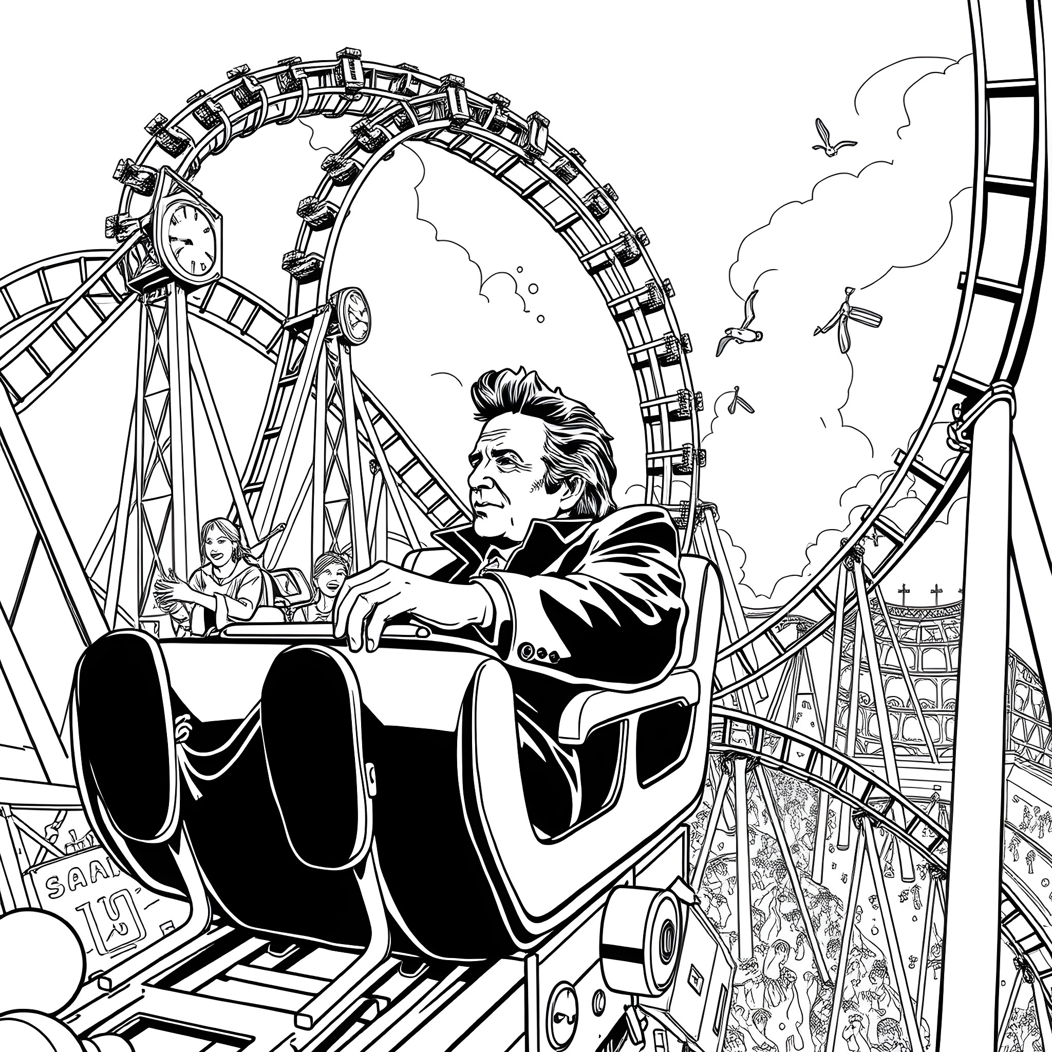 Johnny Cash Riding Rollercoaster in Amusement Park Coloring Page (free black-and-white line drawing printable PDF for all, from beginners to advanced learners, including children, teens, adults, and seniors)
