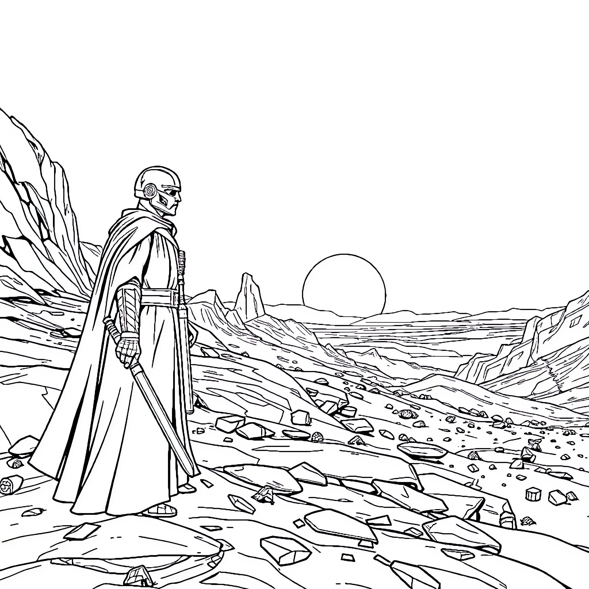 Darth Revan surveying the desolate landscape Coloring Page (free black-and-white line drawing printable PDF for all, from beginners to advanced learners, including children, teens, adults, and seniors)
