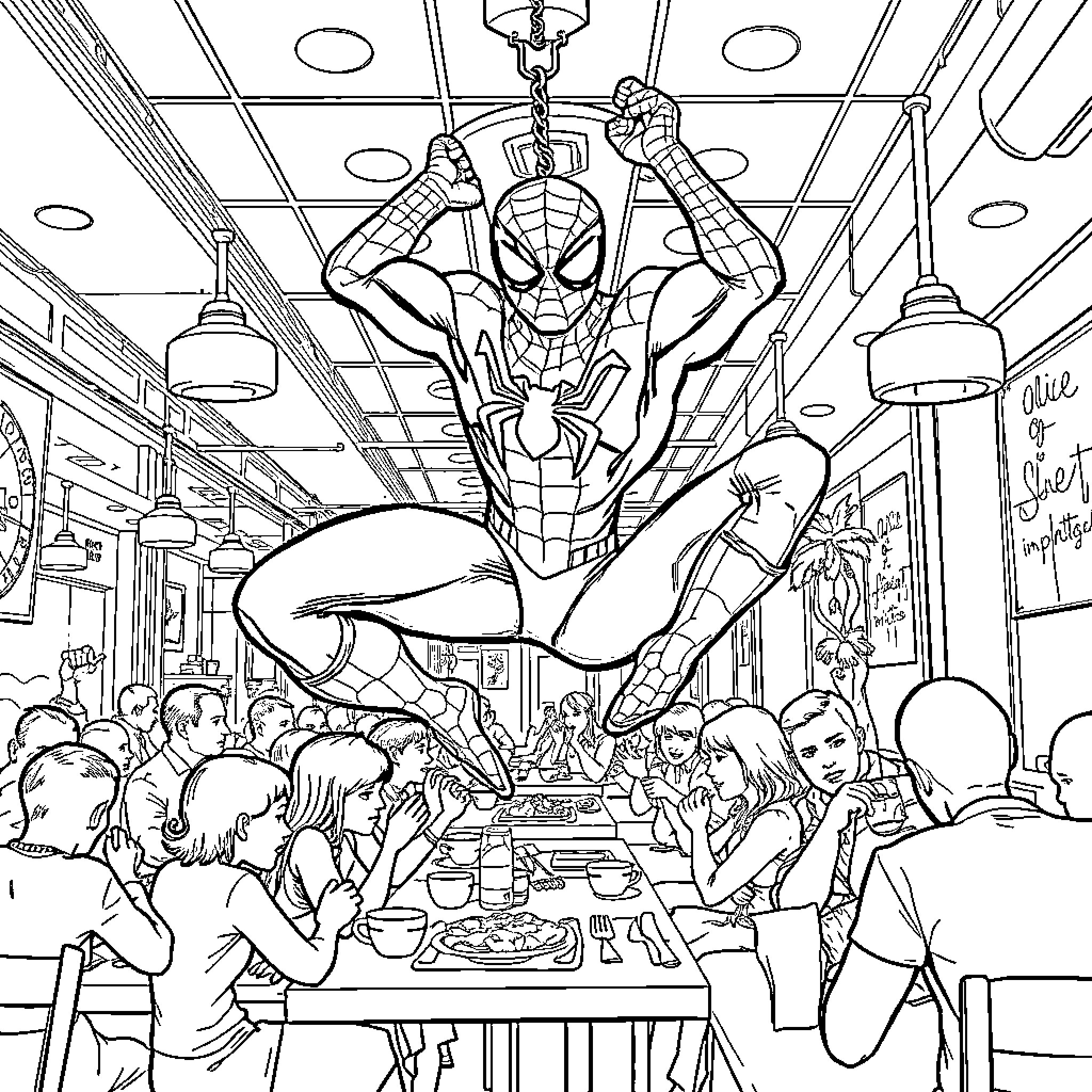 Spider-Man heroically swinging over a crowded diner Coloring Page (free black-and-white line drawing printable PDF for all, from beginners to advanced learners, including children, teens, adults, and seniors)