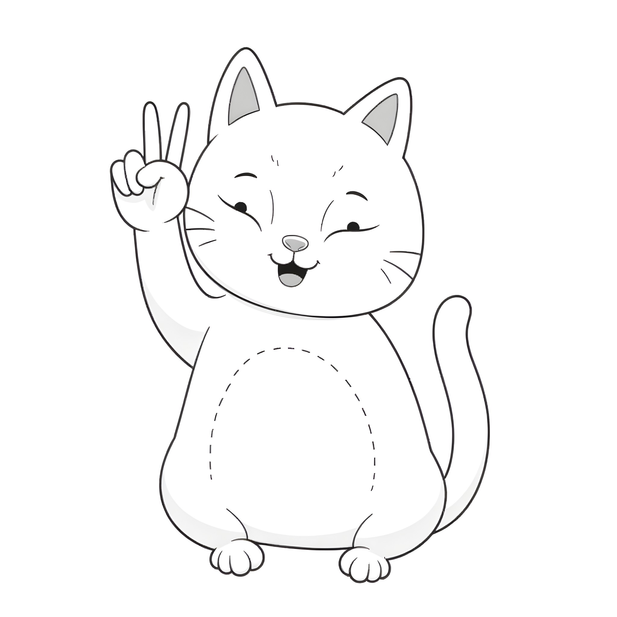 Cat making a peace sign with its paw Coloring Page (free black-and-white line drawing printable PDF for all, from beginners to advanced learners, including children, teens, adults, and seniors)