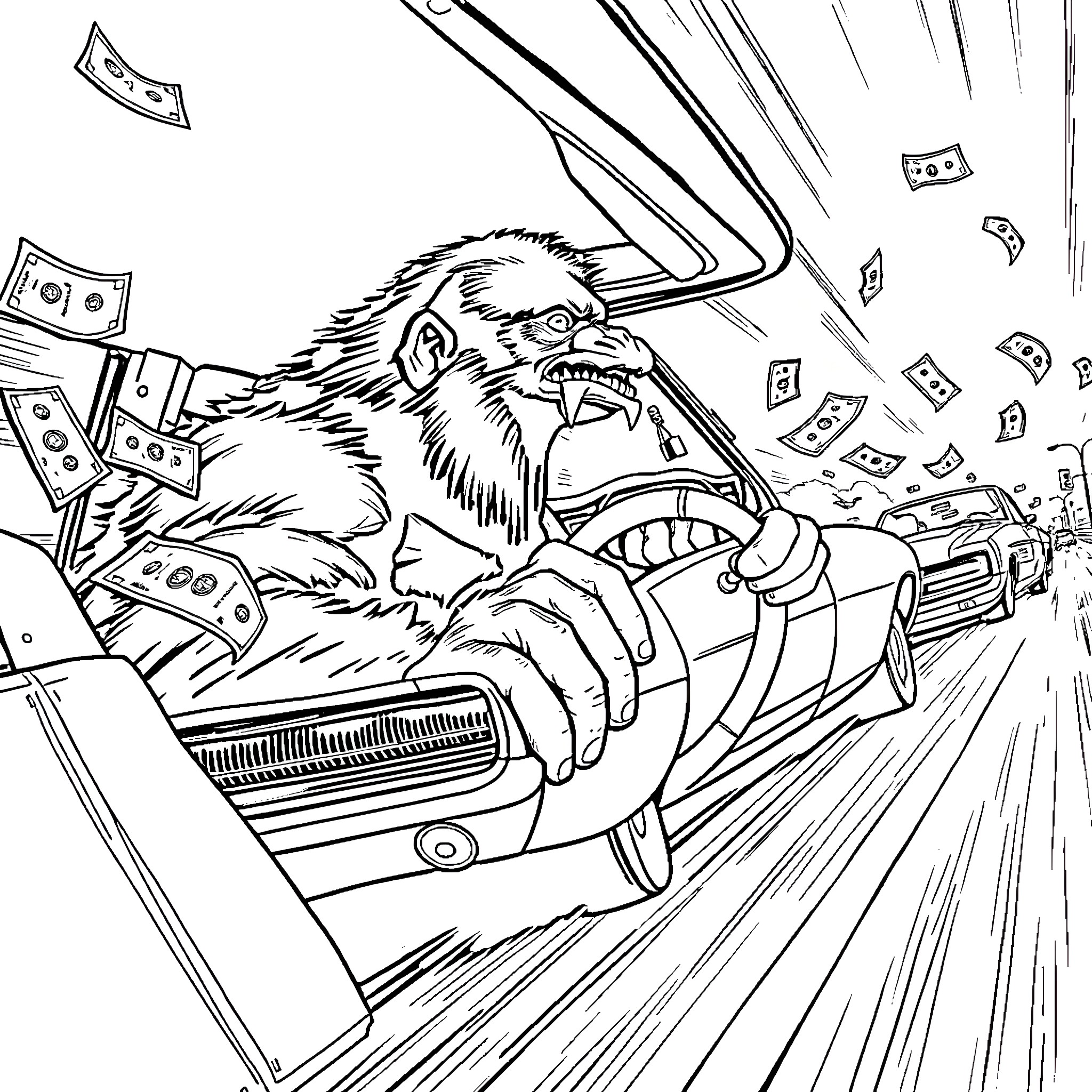 Gorilla in a high-speed chase amid flying cash Coloring Page (free black-and-white line drawing printable PDF for all, from beginners to advanced learners, including children, teens, adults, and seniors)