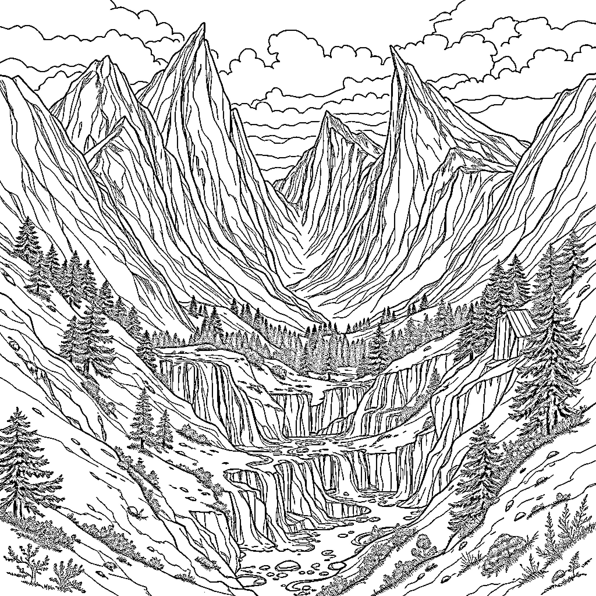 Rivendell: Majestic Peaks and Flowing Streams Coloring Page (free black-and-white line drawing printable PDF for all, from beginners to advanced learners, including children, teens, adults, and seniors)