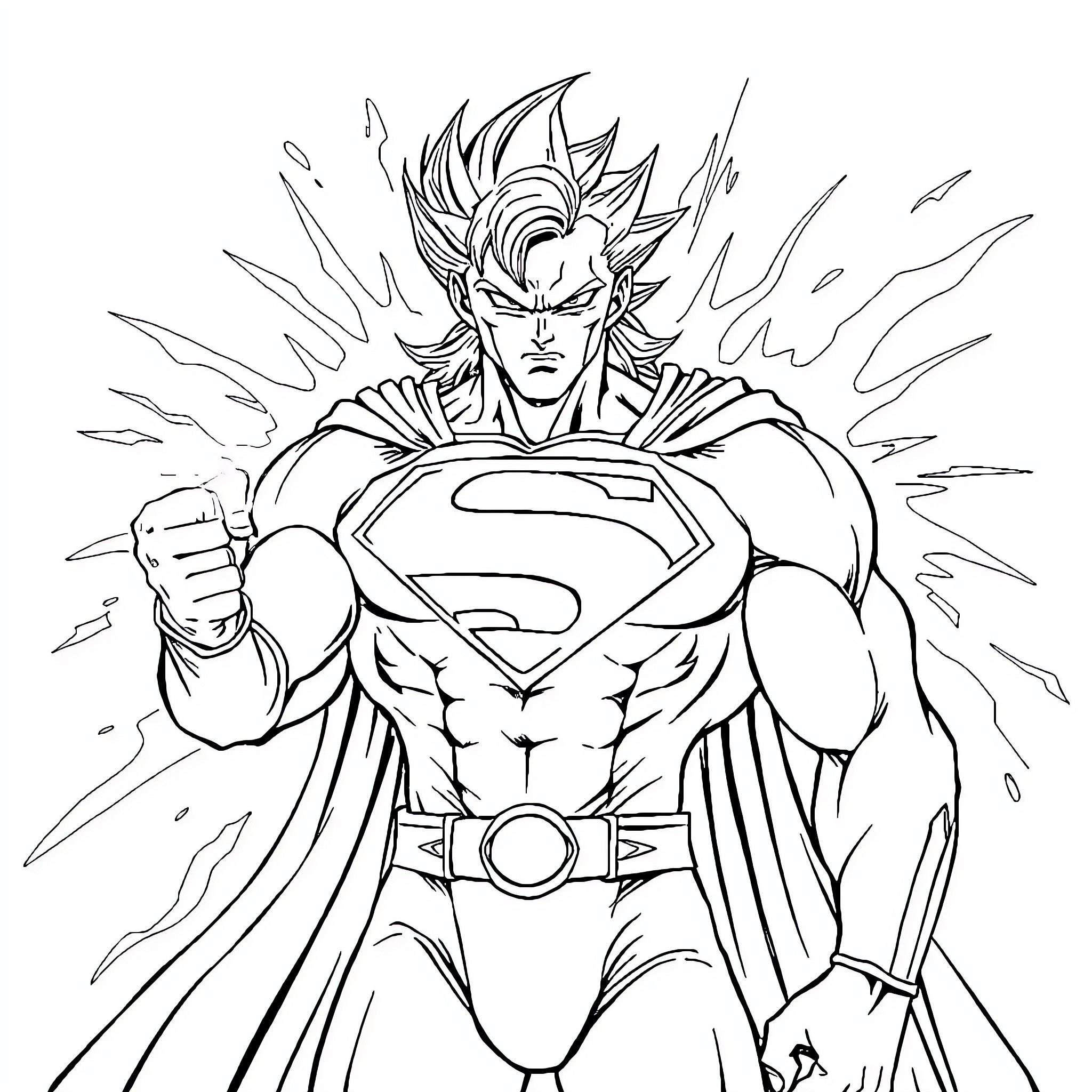 Superman charging up for action Coloring Page (free black-and-white line drawing printable PDF for all, from beginners to advanced learners, including children, teens, adults, and seniors)