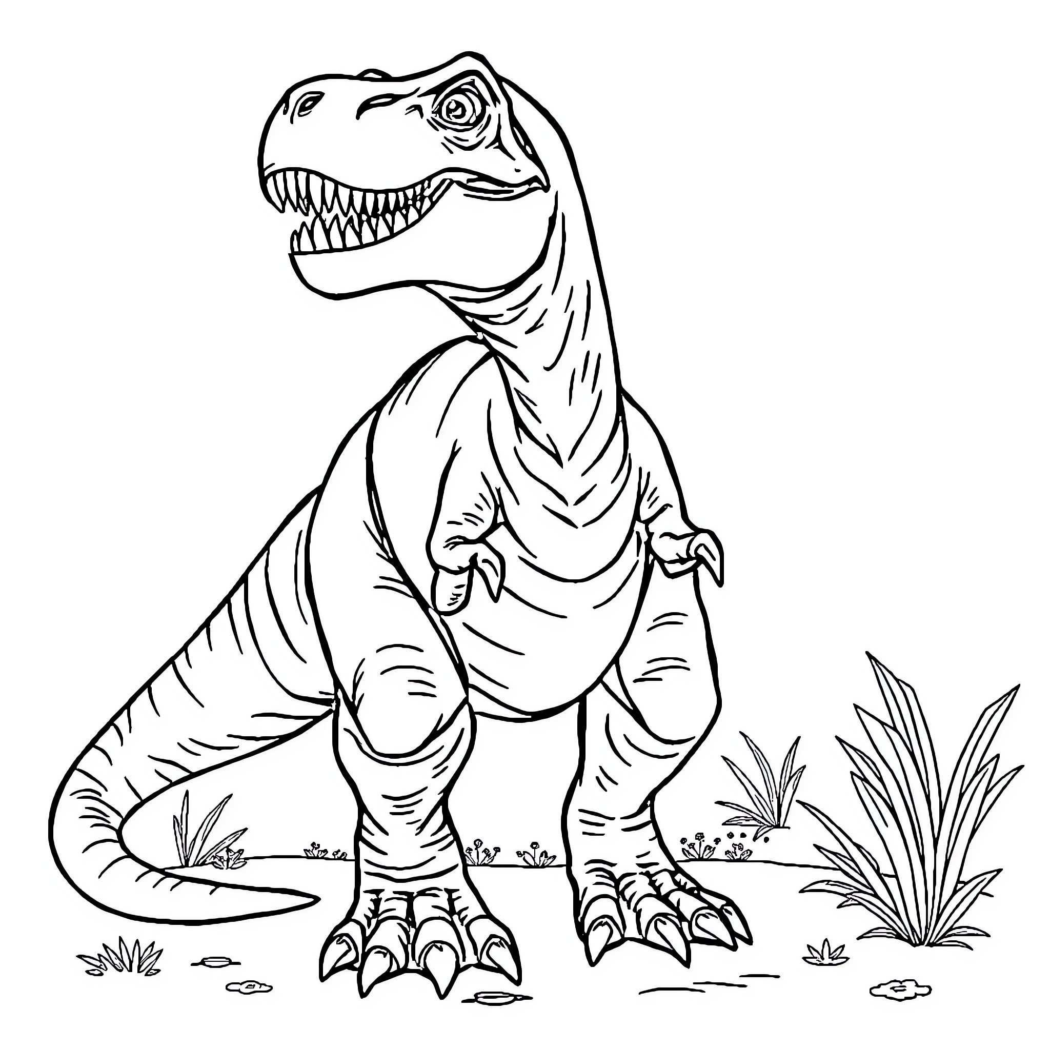 T-Rex Dinosaur Roaring in the Wilderness Coloring Page (free black-and-white line drawing printable PDF for all, from beginners to advanced learners, including children, teens, adults, and seniors)
