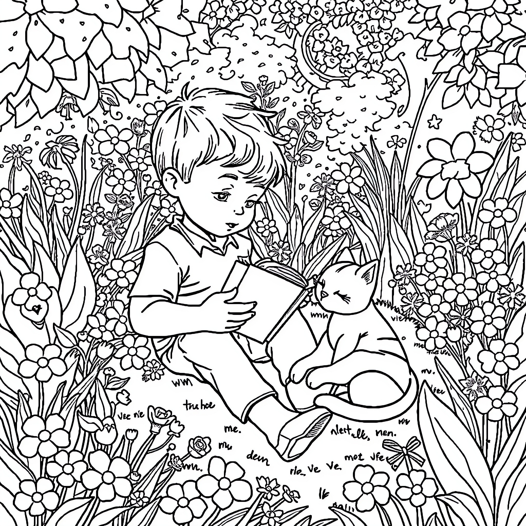 Boy reading book with bunny in floral garden Coloring Page (free black-and-white line drawing printable PDF for all, from beginners to advanced learners, including children, teens, adults, and seniors)