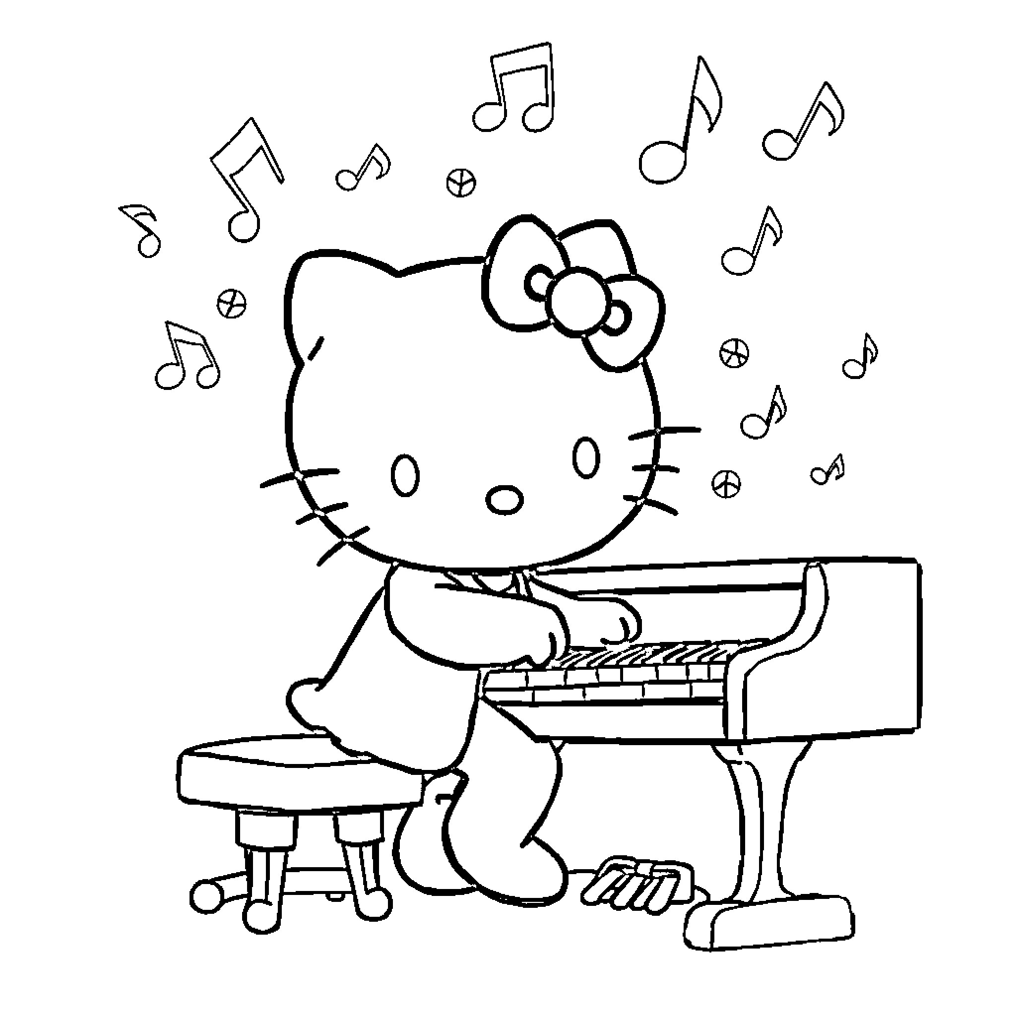 Hello Kitty playing piano with musical notes Coloring Page (free black-and-white line drawing printable PDF for all, from beginners to advanced learners, including children, teens, adults, and seniors)