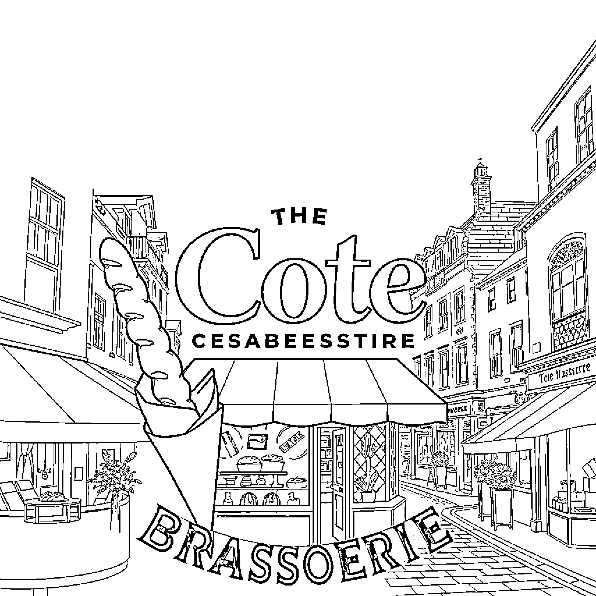 Cote Brasserie depicting architectural details and storefront Coloring Page (free black-and-white line drawing printable PDF for all, from beginners to advanced learners, including children, teens, adults, and seniors)
