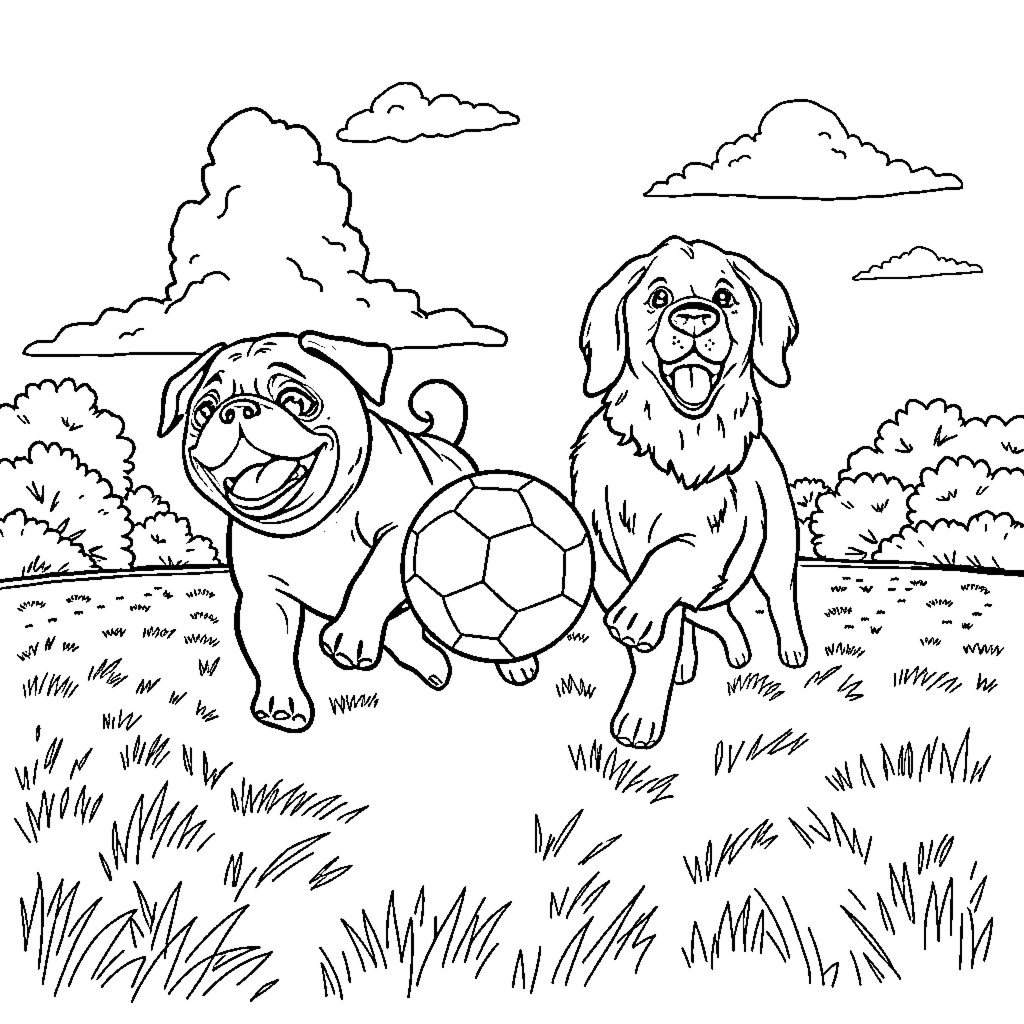 Dogs playing with soccer ball in the park Coloring Page (free black-and-white line drawing printable PDF for all, from beginners to advanced learners, including children, teens, adults, and seniors)